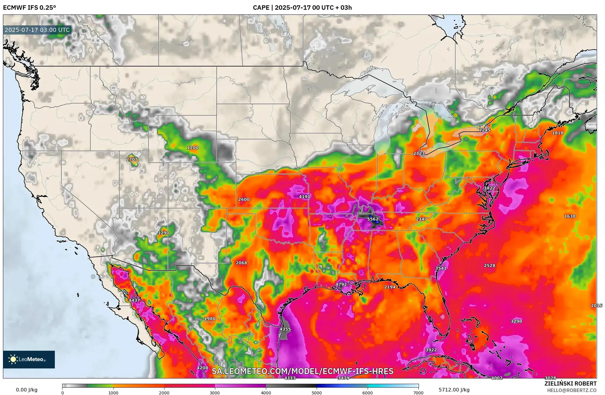 ECMWF IFS 0.25° model - United States, CAPE ECMWF IFS 0.25° model - United States, CAPE