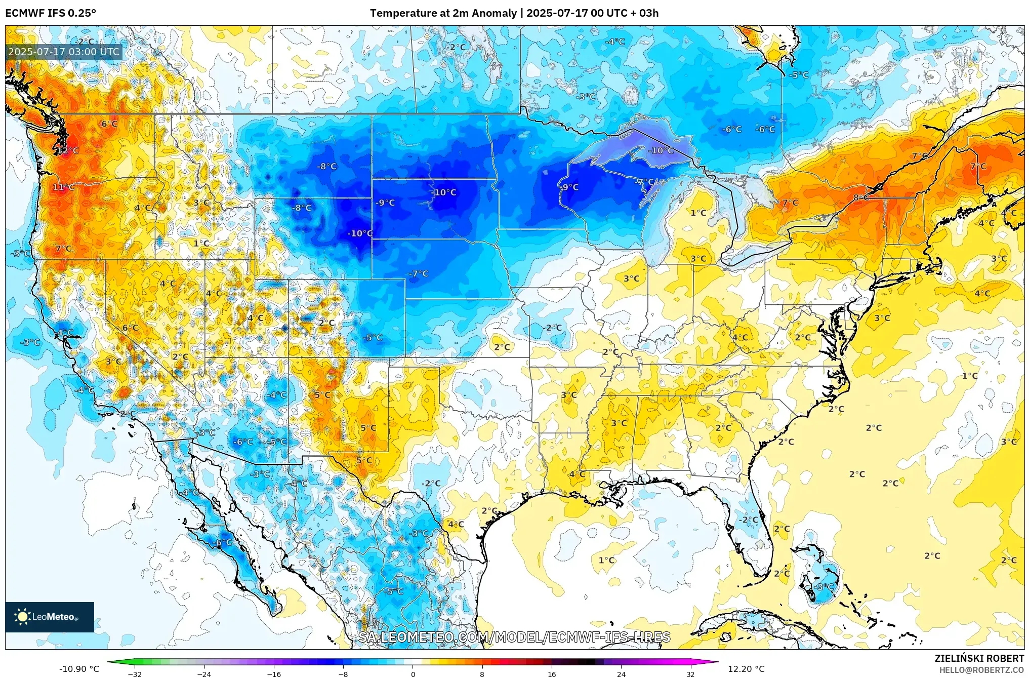 ECMWF IFS 0.25° model - United States, Temperature at 2m Anomaly ECMWF IFS 0.25° model - United States, Temperature at 2m Anomaly