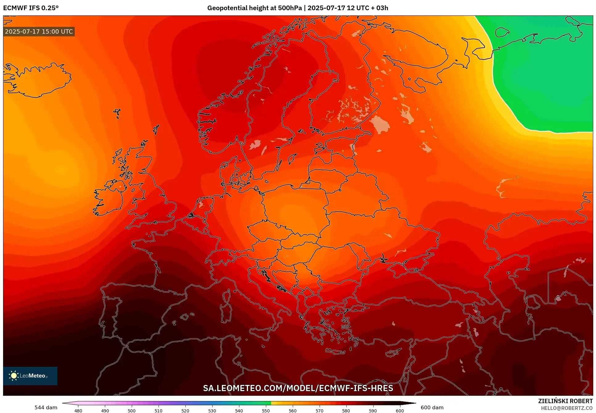 ECMWF IFS 0.25° model - Europe, Geopotential height at 500hPa