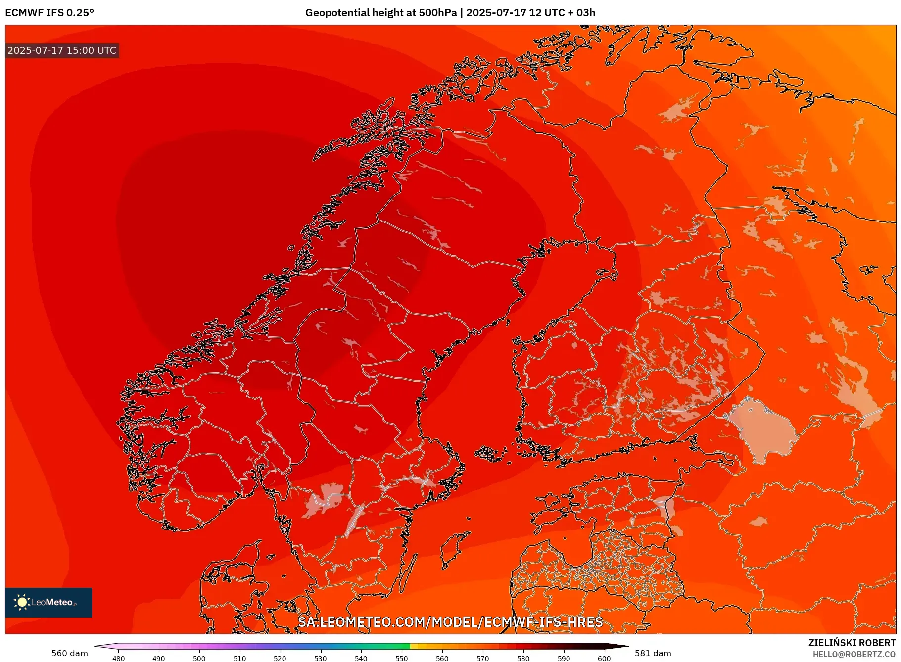 ECMWF IFS 0.25° model - Scandinavia, Geopotential height at 500hPa ECMWF IFS 0.25° model - Scandinavia, Geopotential height at 500hPa