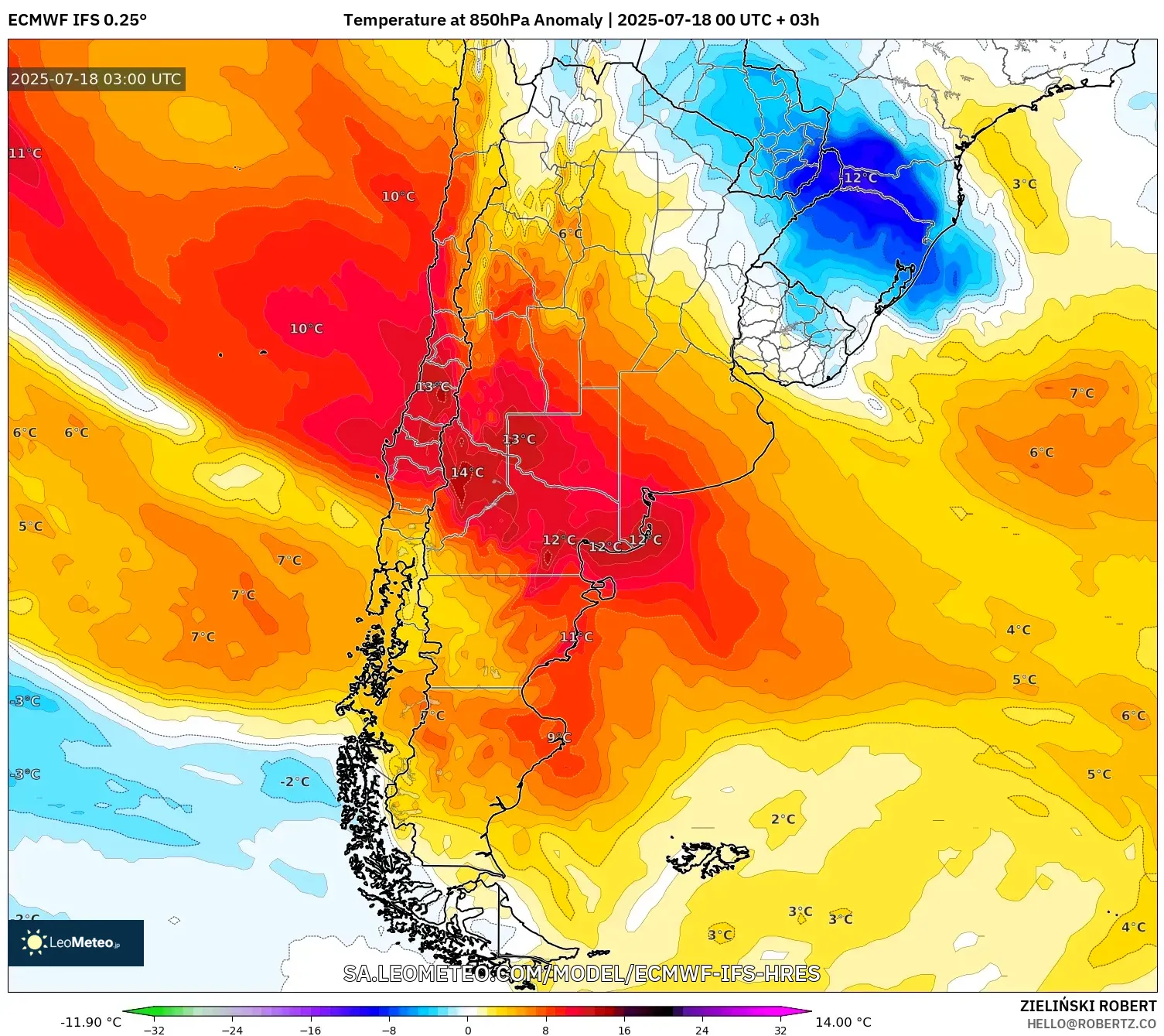 ECMWF IFS 0.25° model - Argentina, Anomali Suhu 850 hPa