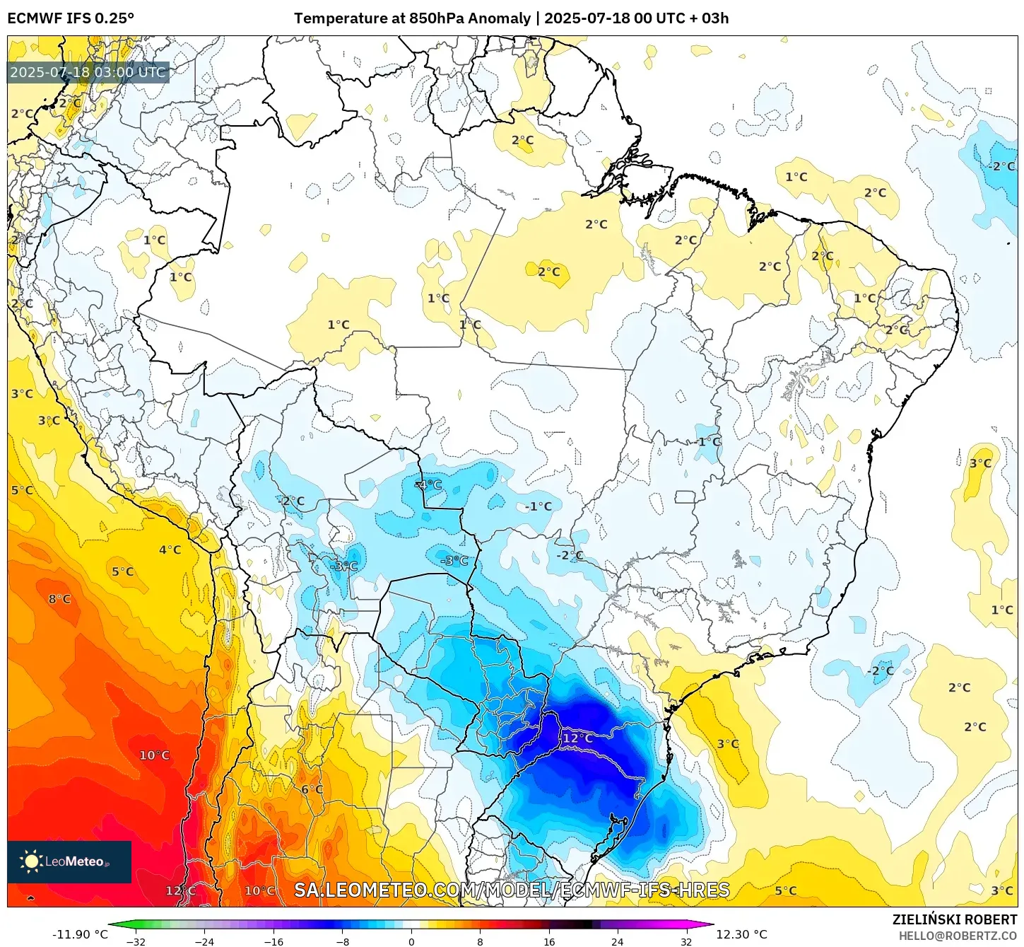 ECMWF IFS 0.25° model - Brazil, Anomali Suhu 850 hPa ECMWF IFS 0.25° model - Brazil, Anomali Suhu 850 hPa