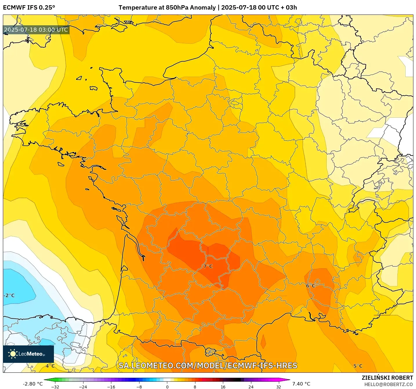 ECMWF IFS 0.25° model - Perancis, Anomali Suhu 850 hPa ECMWF IFS 0.25° model - Perancis, Anomali Suhu 850 hPa