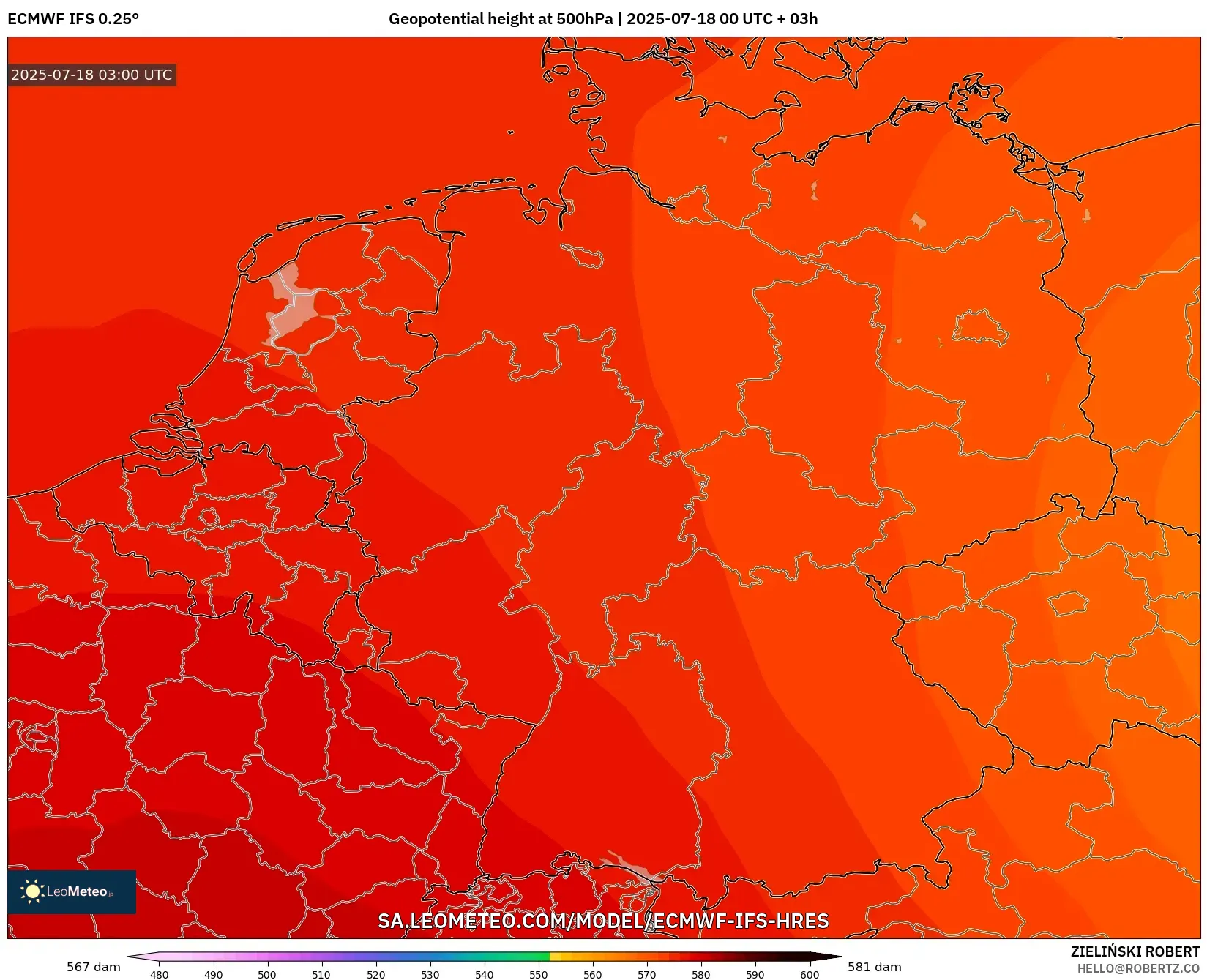 ECMWF IFS 0.25° model - Germany, Geopotential height at 500hPa