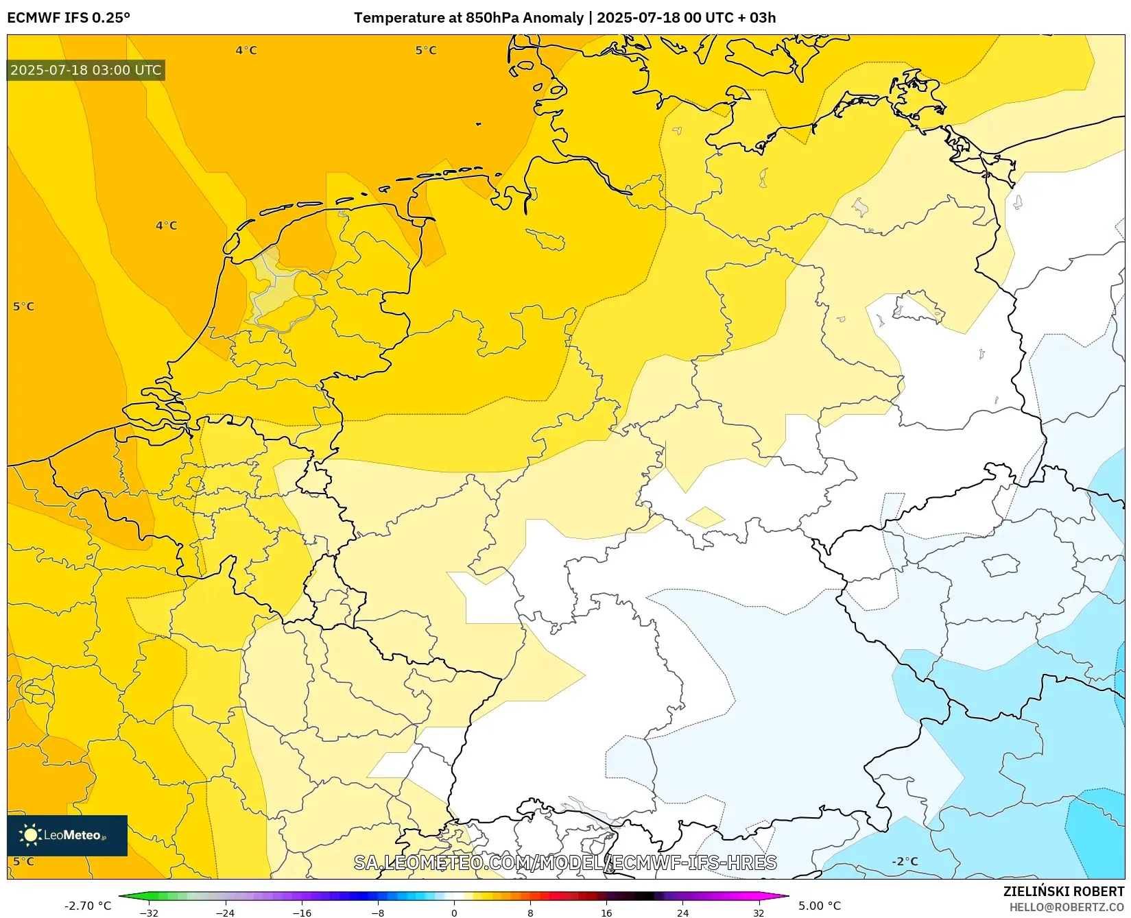 ECMWF IFS 0.25° model - Jerman, Anomali Suhu 850 hPa ECMWF IFS 0.25° model - Jerman, Anomali Suhu 850 hPa