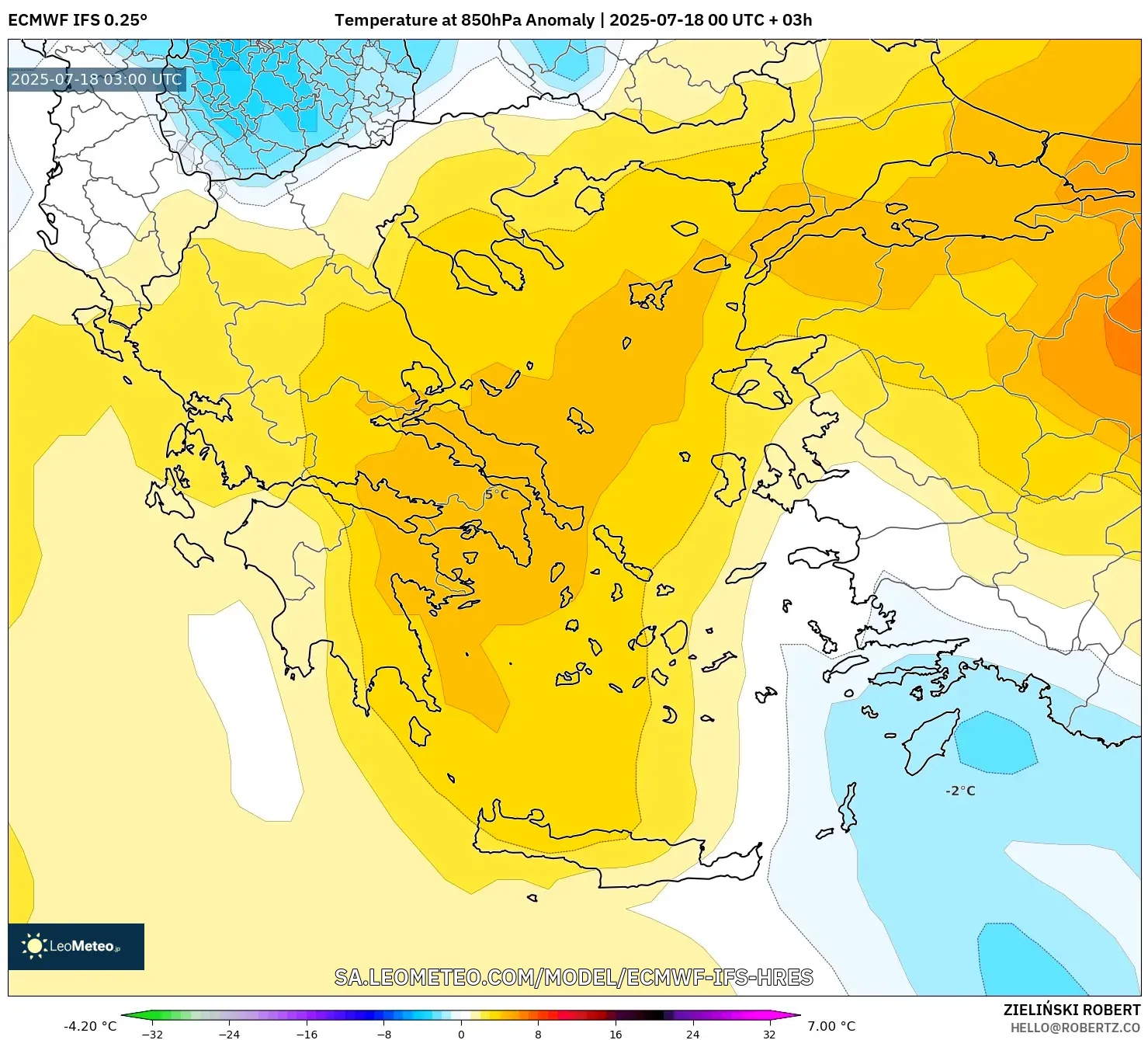 ECMWF IFS 0.25° model - Yunani, Anomali Suhu 850 hPa ECMWF IFS 0.25° model - Yunani, Anomali Suhu 850 hPa