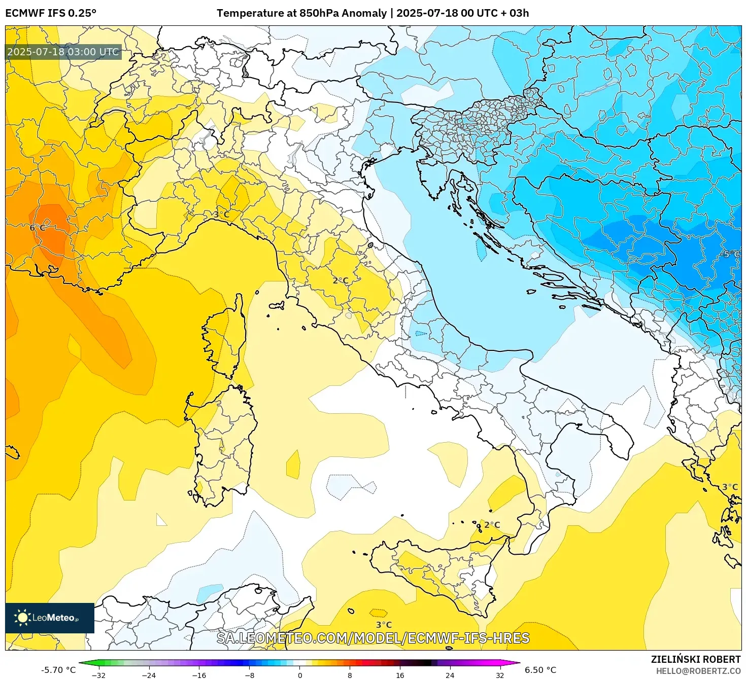 ECMWF IFS 0.25° model - Itali, Anomali Suhu 850 hPa ECMWF IFS 0.25° model - Itali, Anomali Suhu 850 hPa
