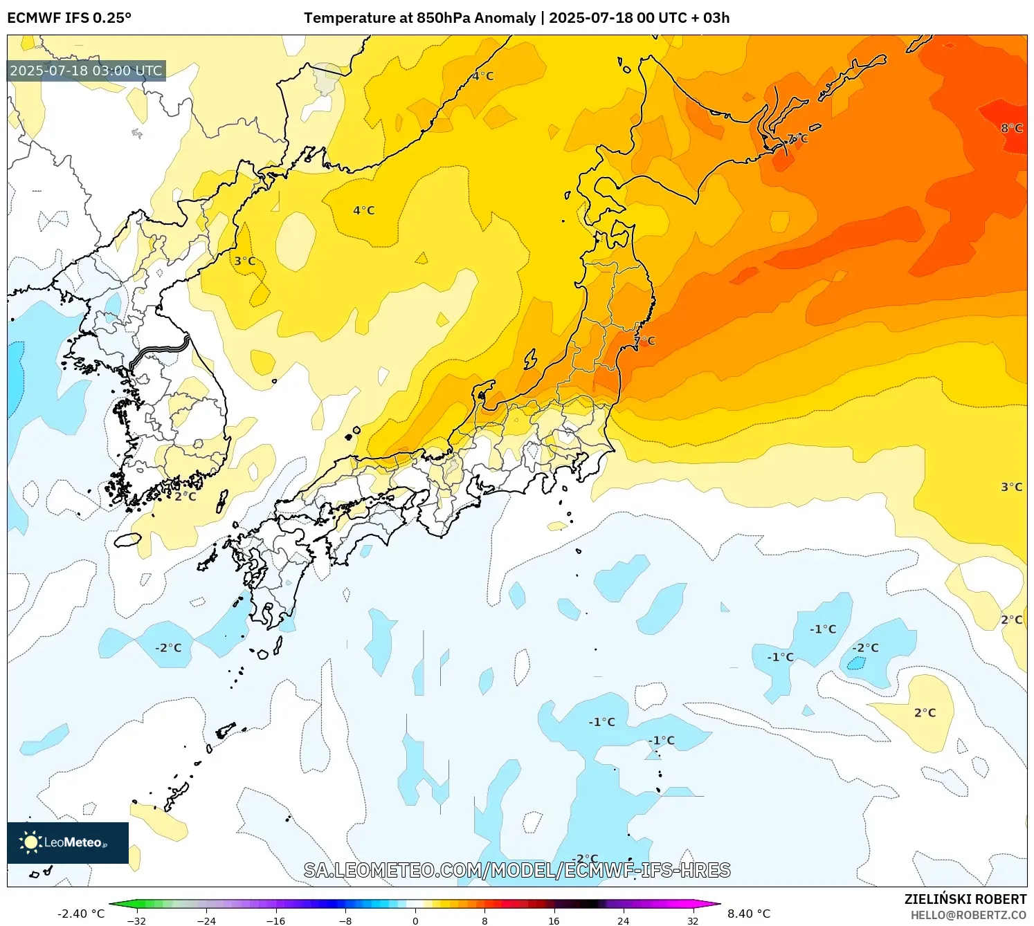ECMWF IFS 0.25° model - Jepun, Anomali Suhu 850 hPa ECMWF IFS 0.25° model - Jepun, Anomali Suhu 850 hPa
