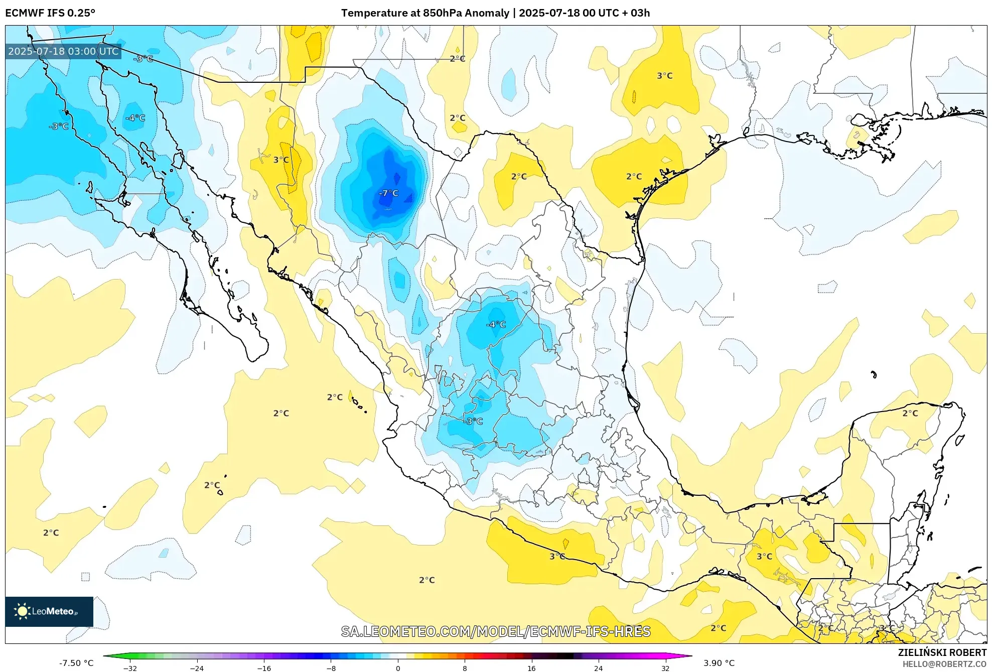 ECMWF IFS 0.25° model - Mexico, Anomali Suhu 850 hPa ECMWF IFS 0.25° model - Mexico, Anomali Suhu 850 hPa