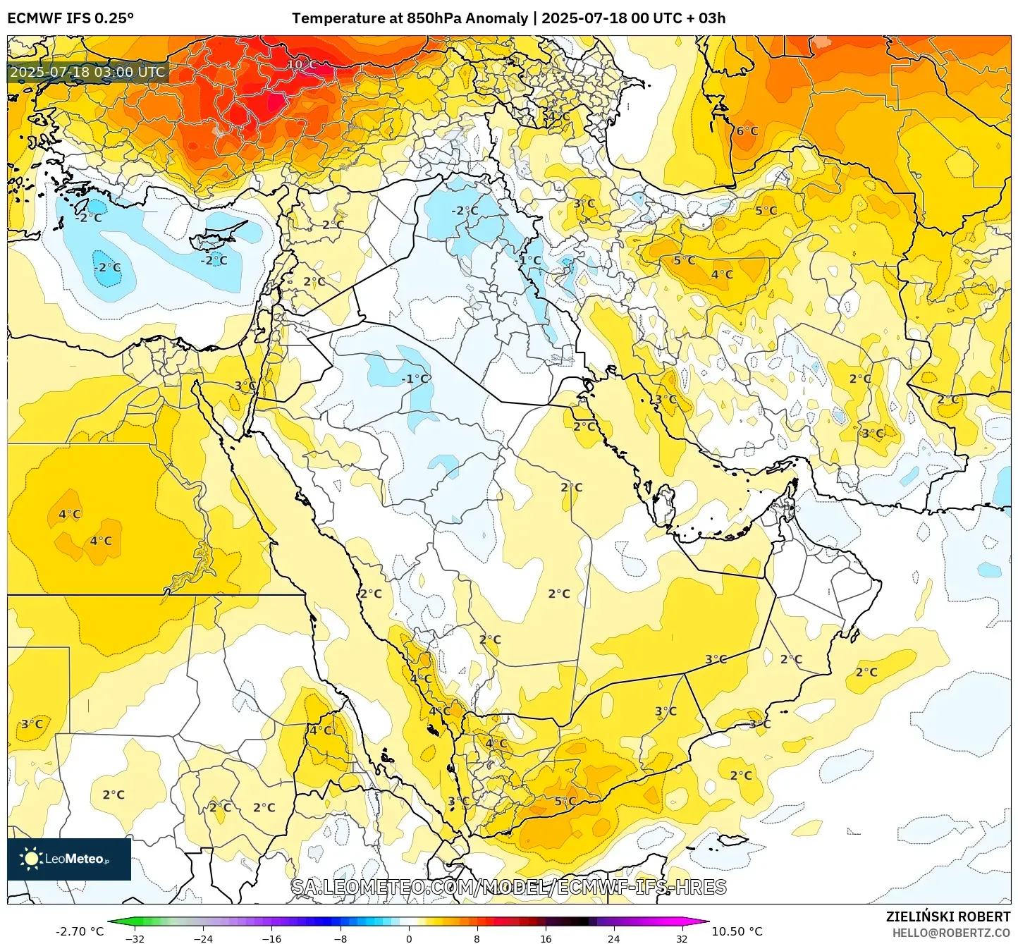 ECMWF IFS 0.25° model - Timur Tengah, Anomali Suhu 850 hPa ECMWF IFS 0.25° model - Timur Tengah, Anomali Suhu 850 hPa