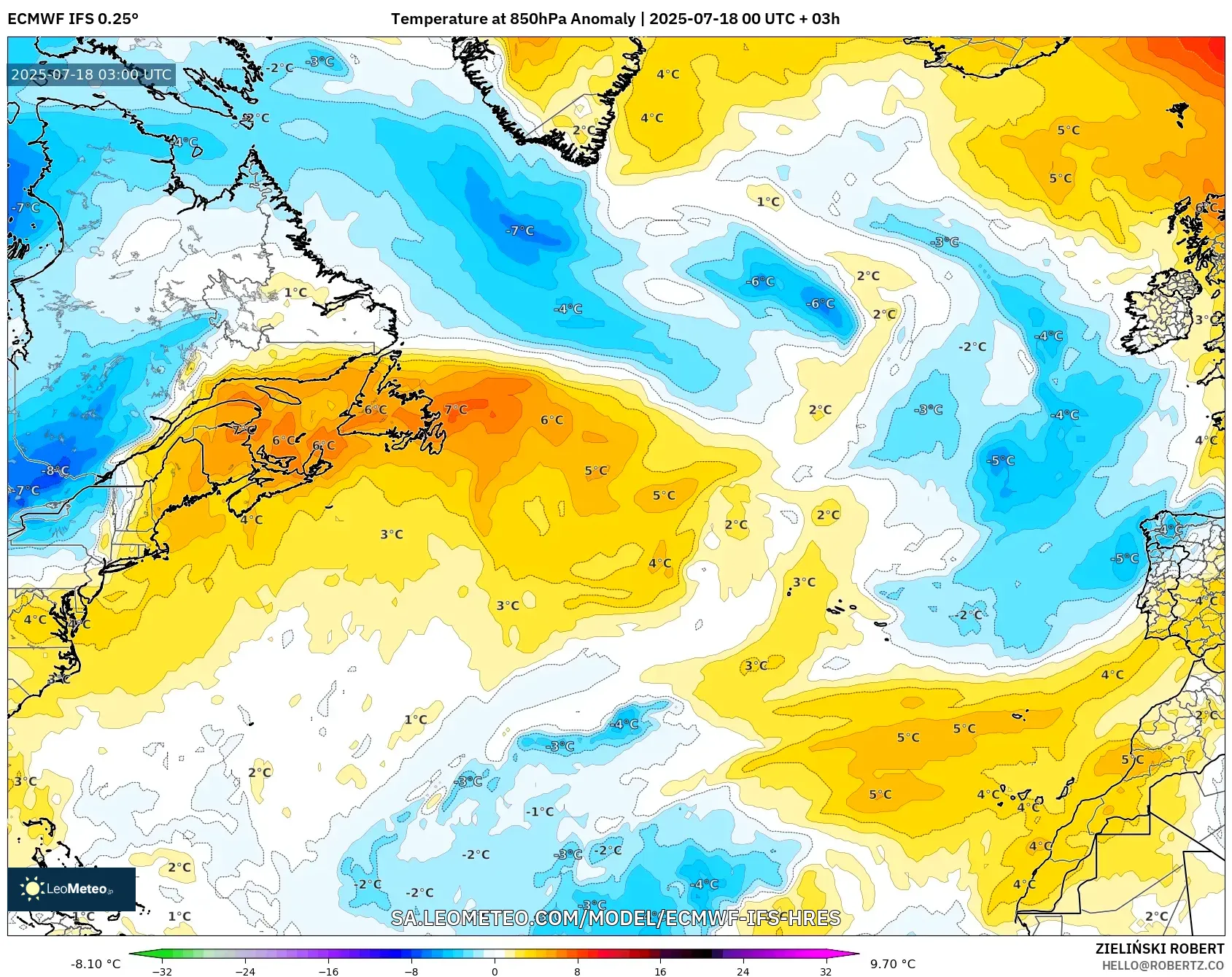 ECMWF IFS 0.25° model - Atlantik Utara, Anomali Suhu 850 hPa