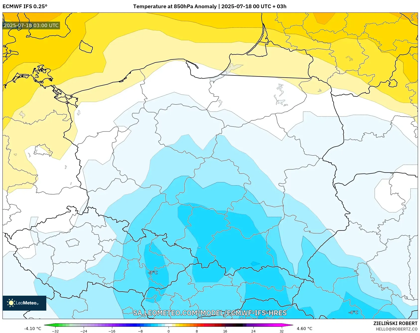 ECMWF IFS 0.25° model - Poland, Anomali Suhu 850 hPa