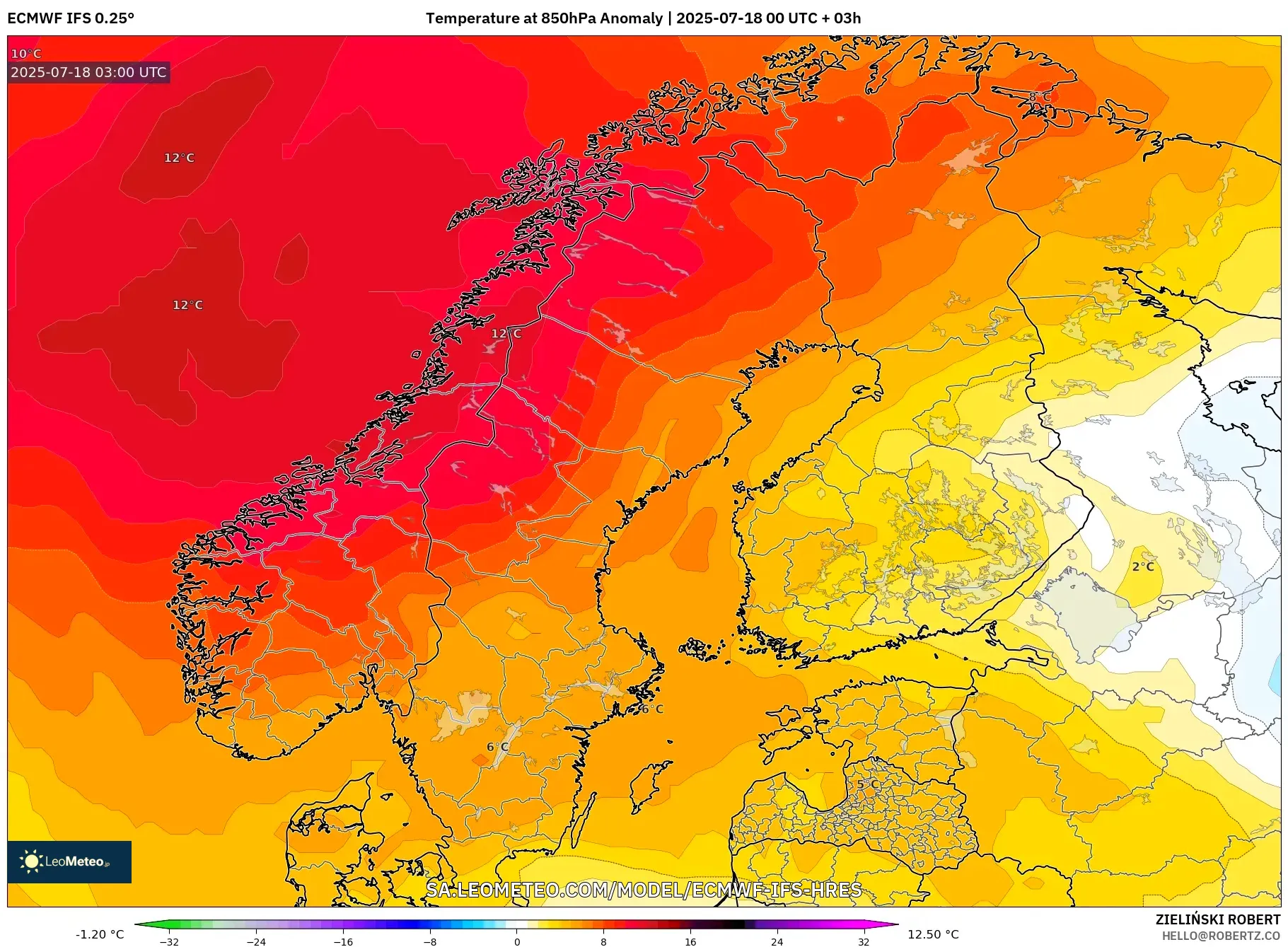 ECMWF IFS 0.25° model - Skandinavia, Anomali Suhu 850 hPa ECMWF IFS 0.25° model - Skandinavia, Anomali Suhu 850 hPa