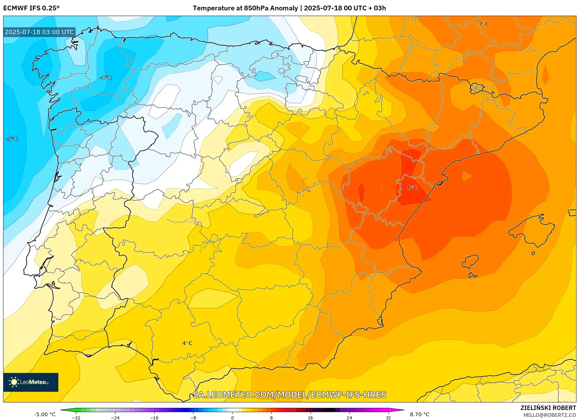 ECMWF IFS 0.25° model - Sepanyol, Anomali Suhu 850 hPa ECMWF IFS 0.25° model - Sepanyol, Anomali Suhu 850 hPa