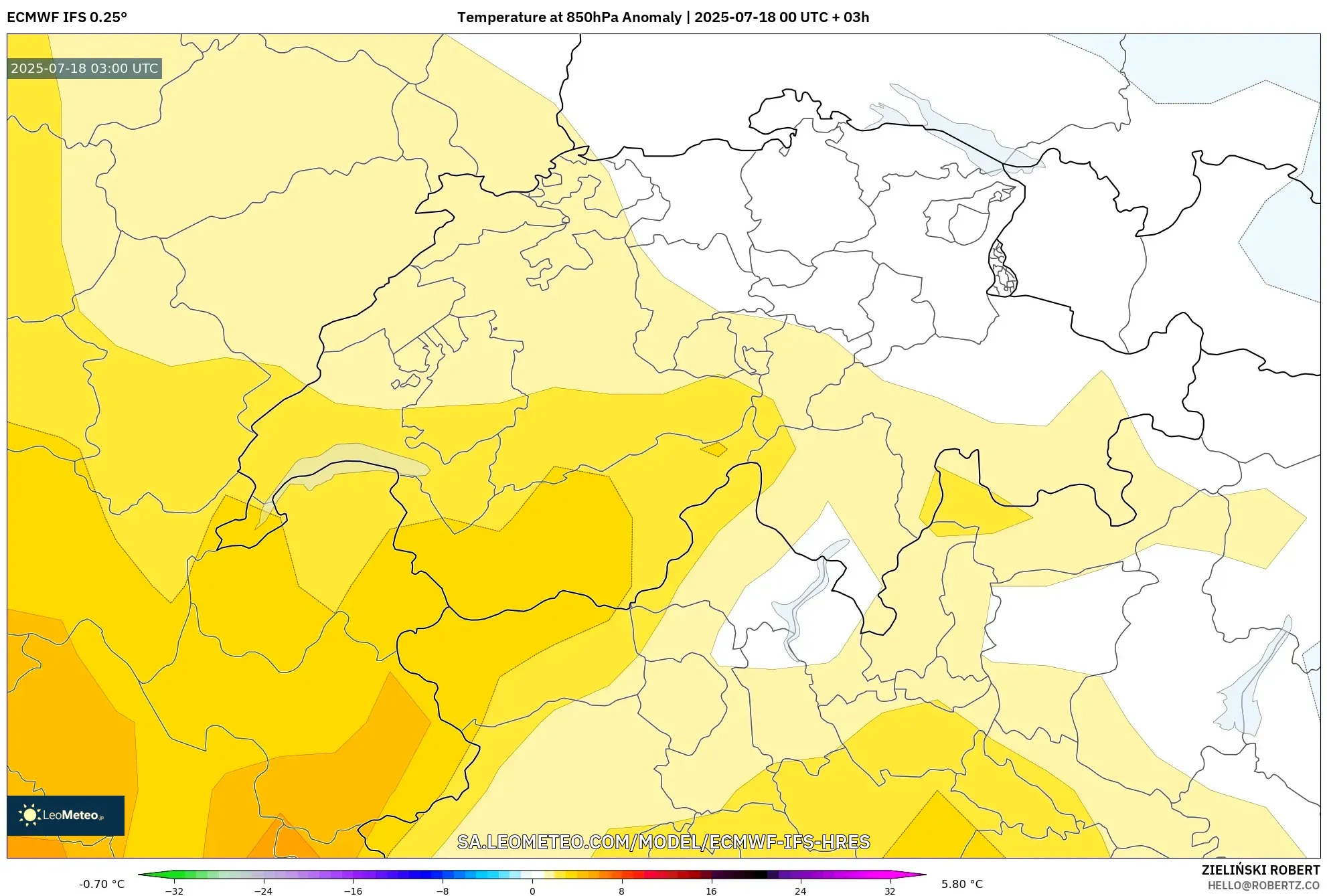 ECMWF IFS 0.25° model - Switzerland, Anomali Suhu 850 hPa