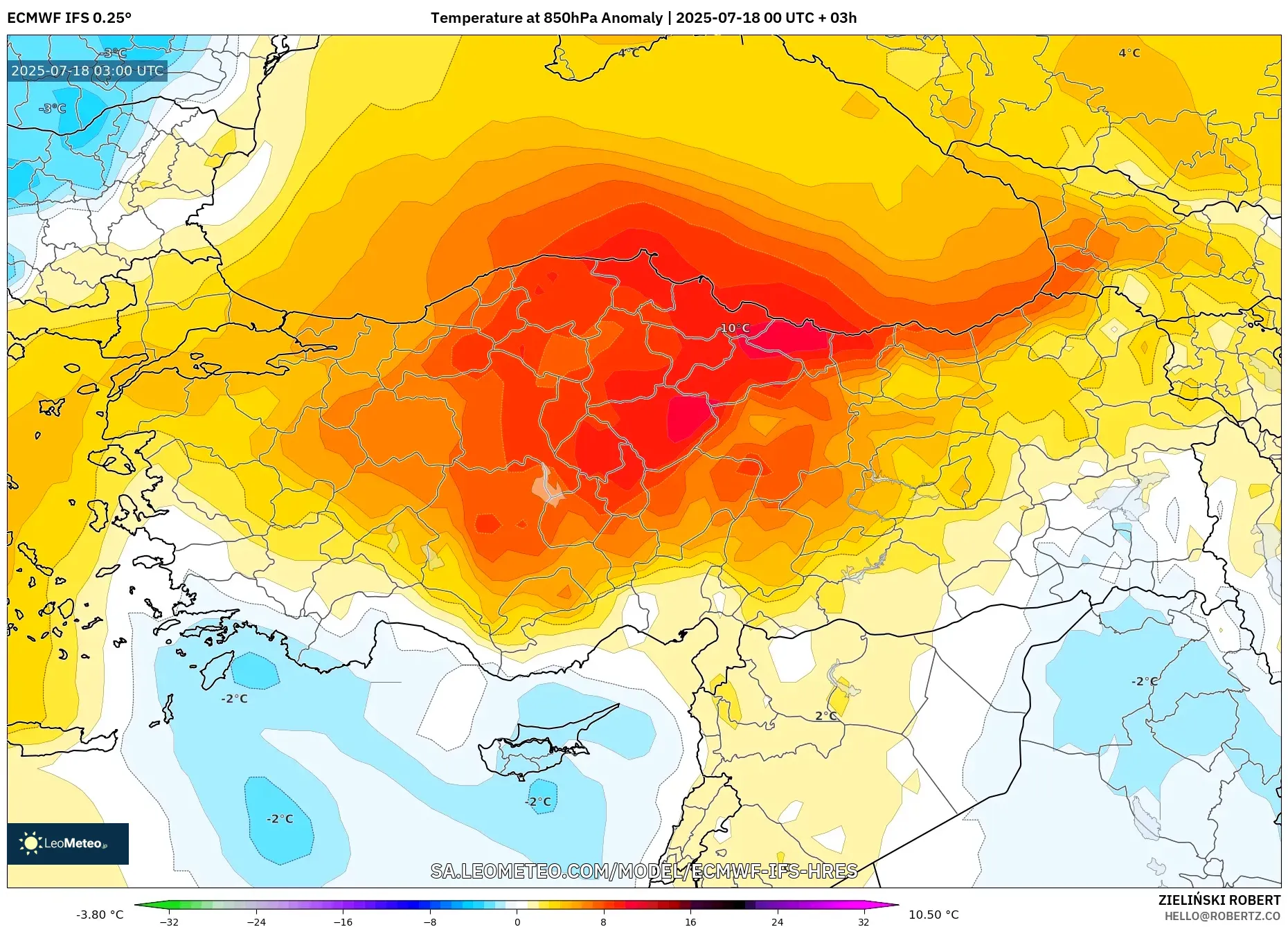 ECMWF IFS 0.25° model - Turki, Anomali Suhu 850 hPa
