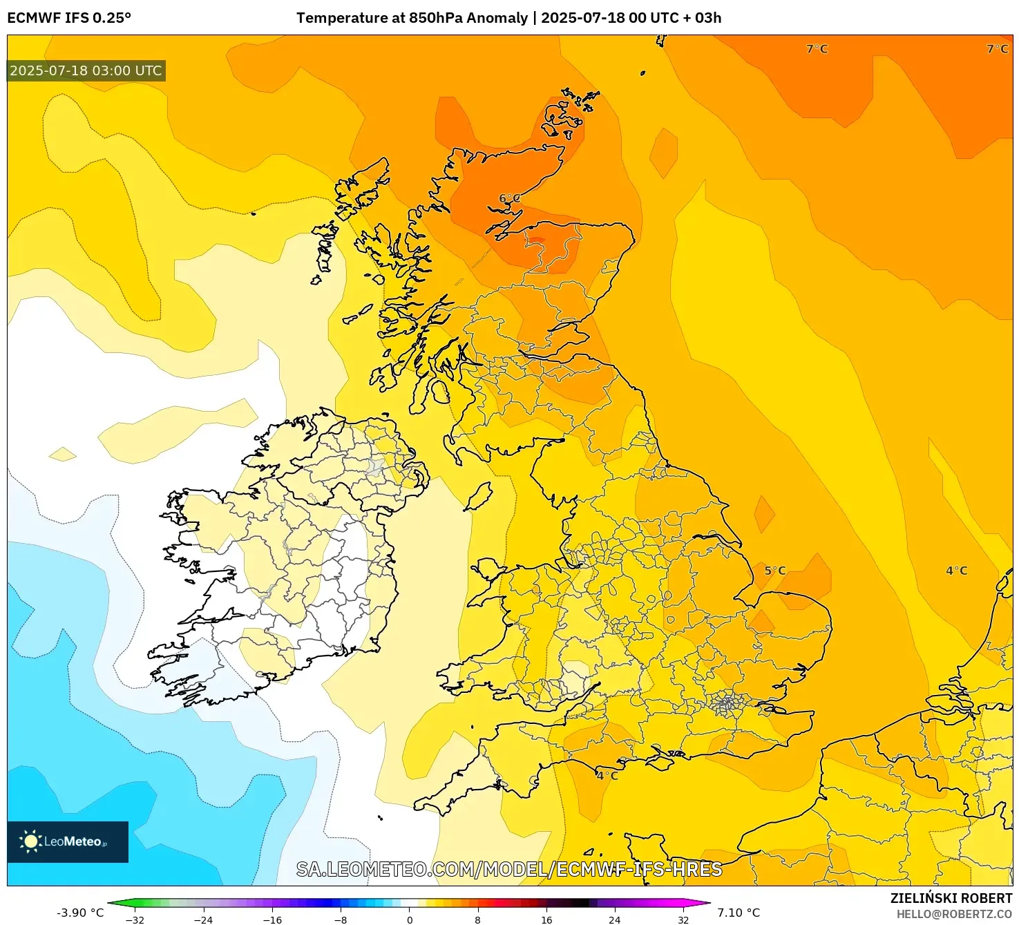 ECMWF IFS 0.25° model - United Kingdom, Anomali Suhu 850 hPa