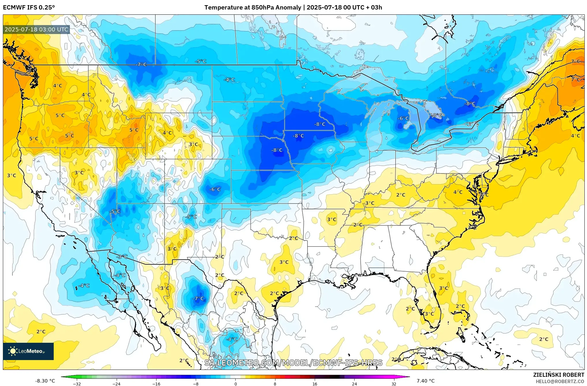 ECMWF IFS 0.25° model - Amerika Syarikat, Anomali Suhu 850 hPa ECMWF IFS 0.25° model - Amerika Syarikat, Anomali Suhu 850 hPa
