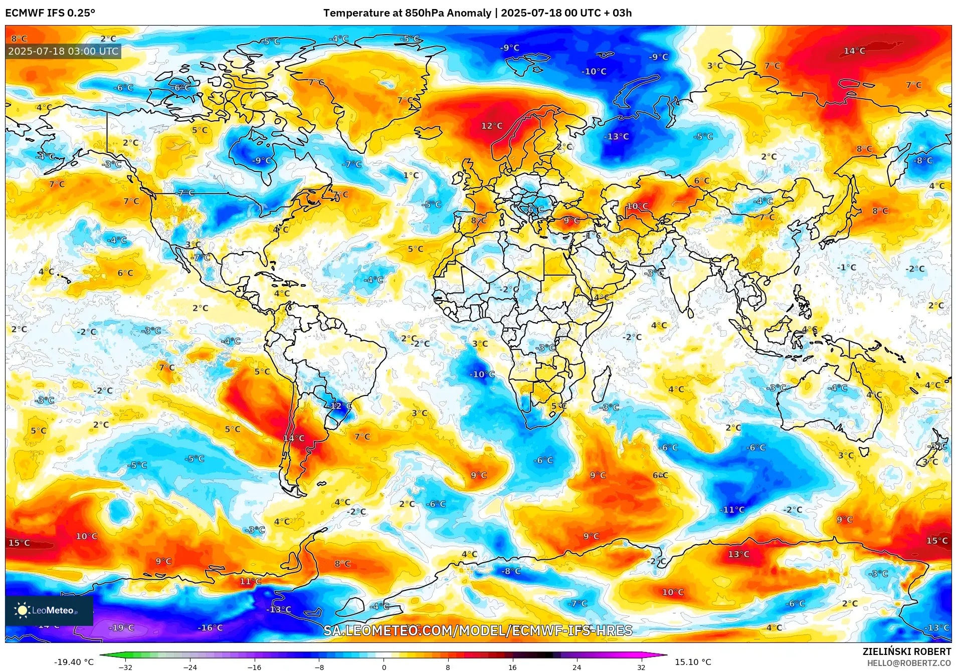 ECMWF IFS 0.25° model - Dunia, Anomali Suhu 850 hPa