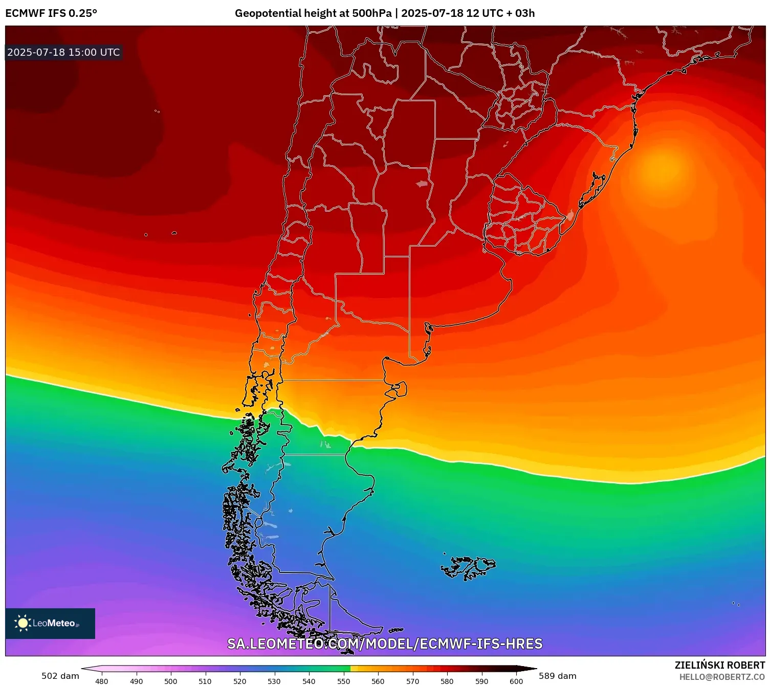 ECMWF IFS 0.25° model - Argentina, Geopotential height at 500hPa ECMWF IFS 0.25° model - Argentina, Geopotential height at 500hPa
