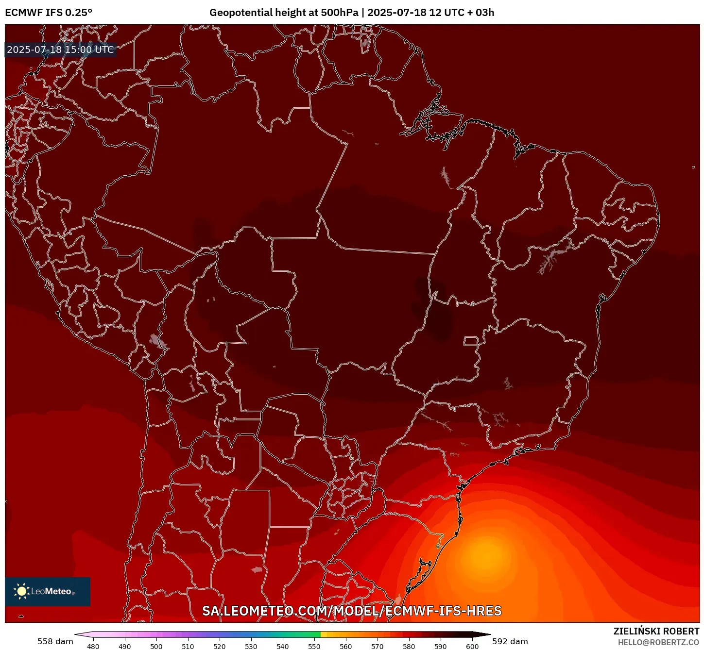 ECMWF IFS 0.25° model - Brazil, Geopotential height at 500hPa ECMWF IFS 0.25° model - Brazil, Geopotential height at 500hPa