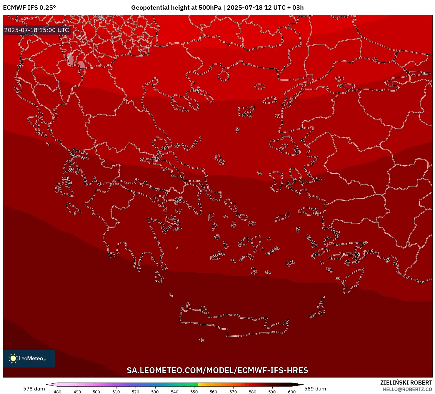 ECMWF IFS 0.25° model - Greece, Geopotential height at 500hPa