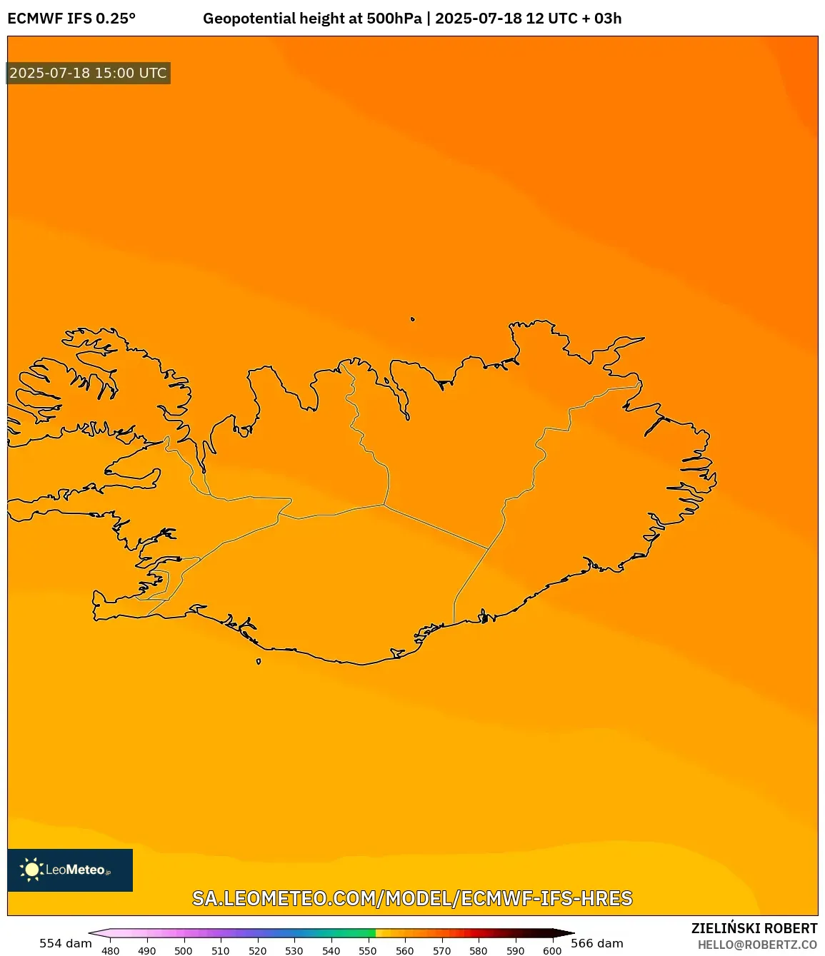 ECMWF IFS 0.25° model - Iceland, Geopotential height at 500hPa