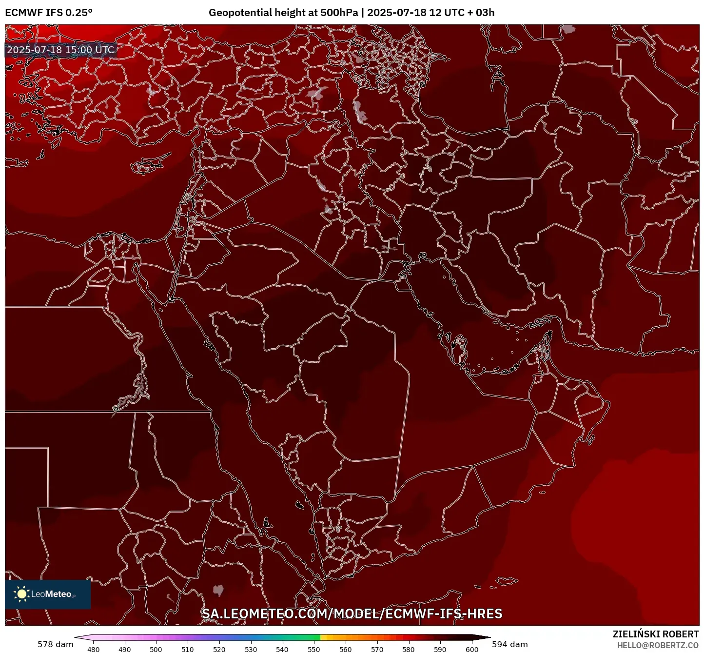 ECMWF IFS 0.25° model - Middle East, Geopotential height at 500hPa