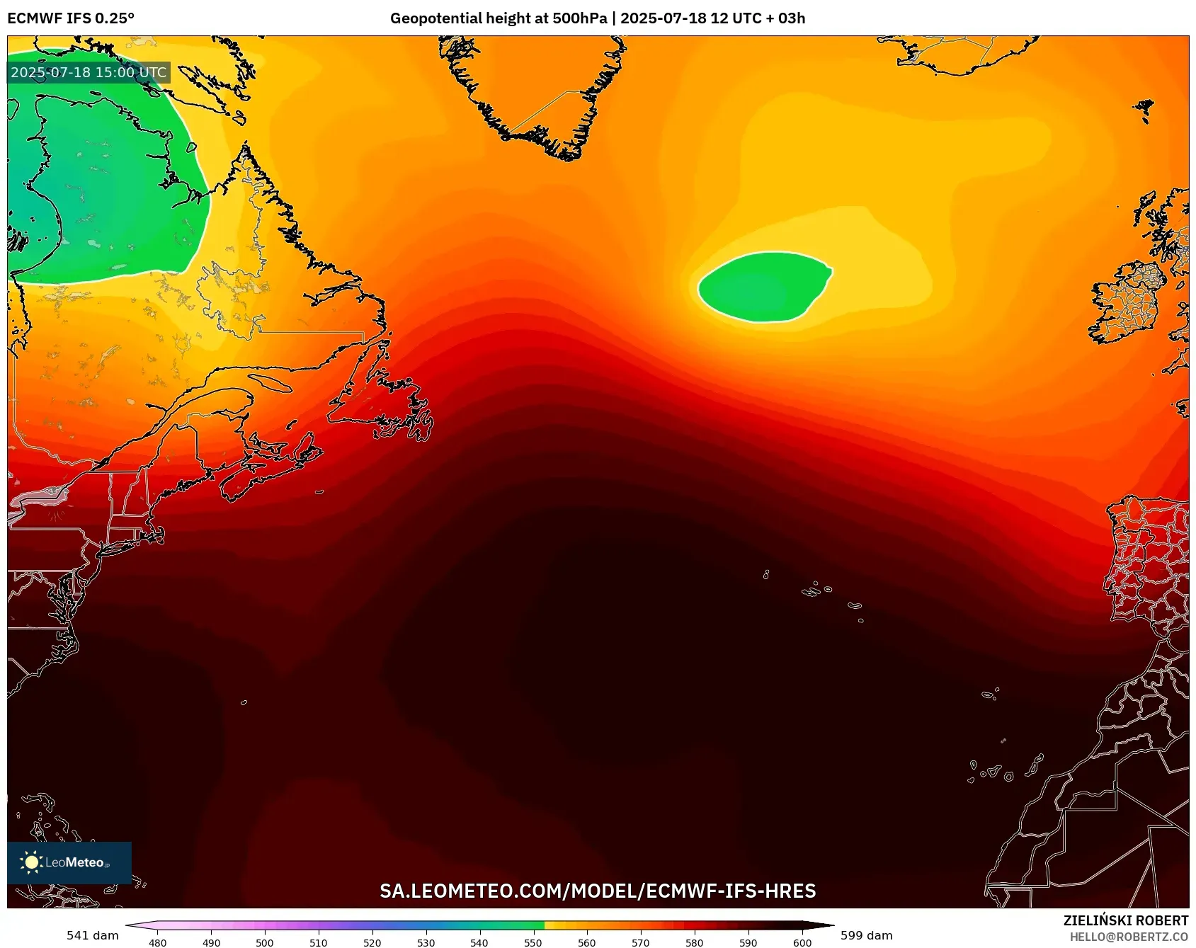 ECMWF IFS 0.25° model - North Atlantic, Geopotential height at 500hPa