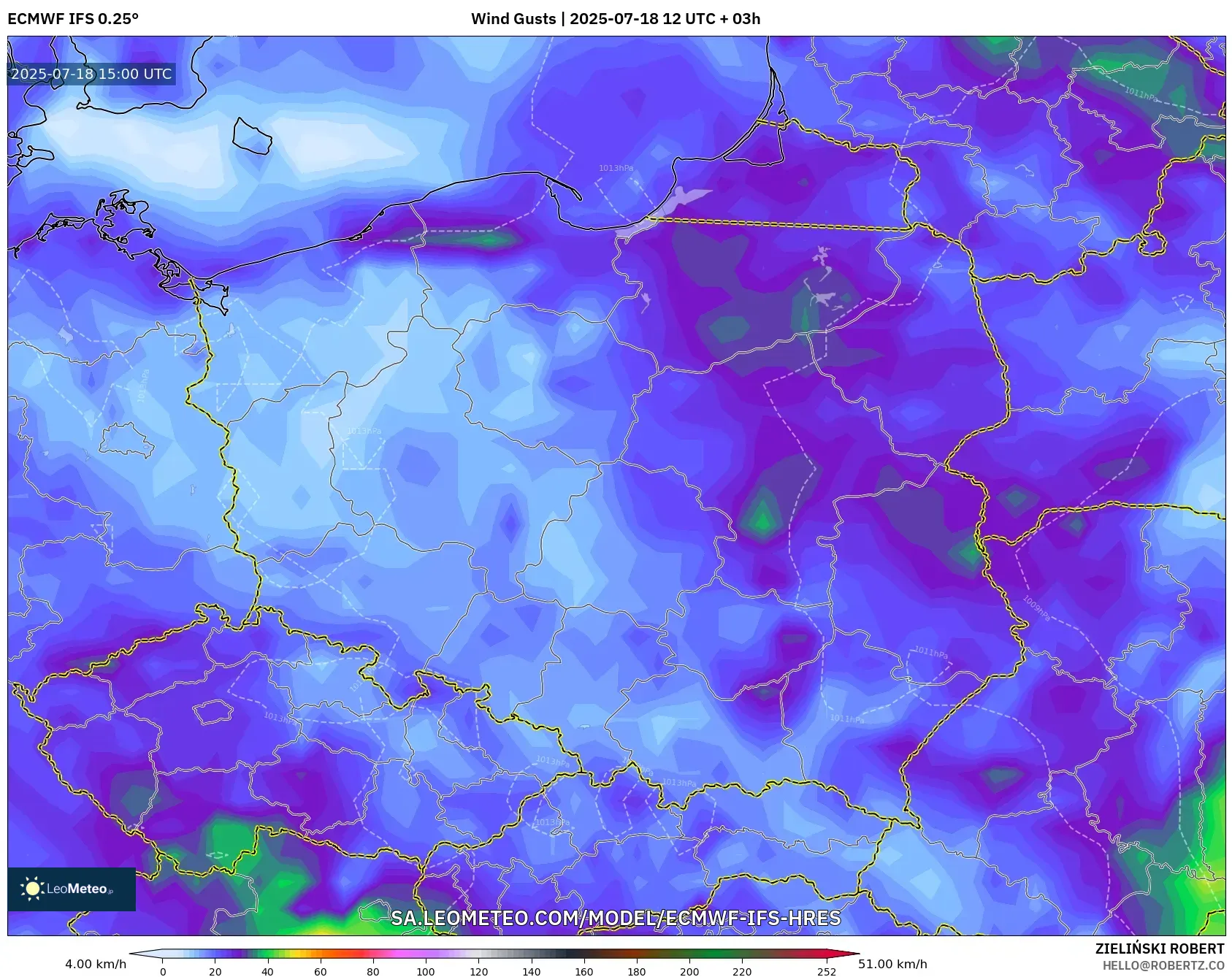 ECMWF IFS 0.25° model - Poland, Wind Gusts ECMWF IFS 0.25° model - Poland, Wind Gusts