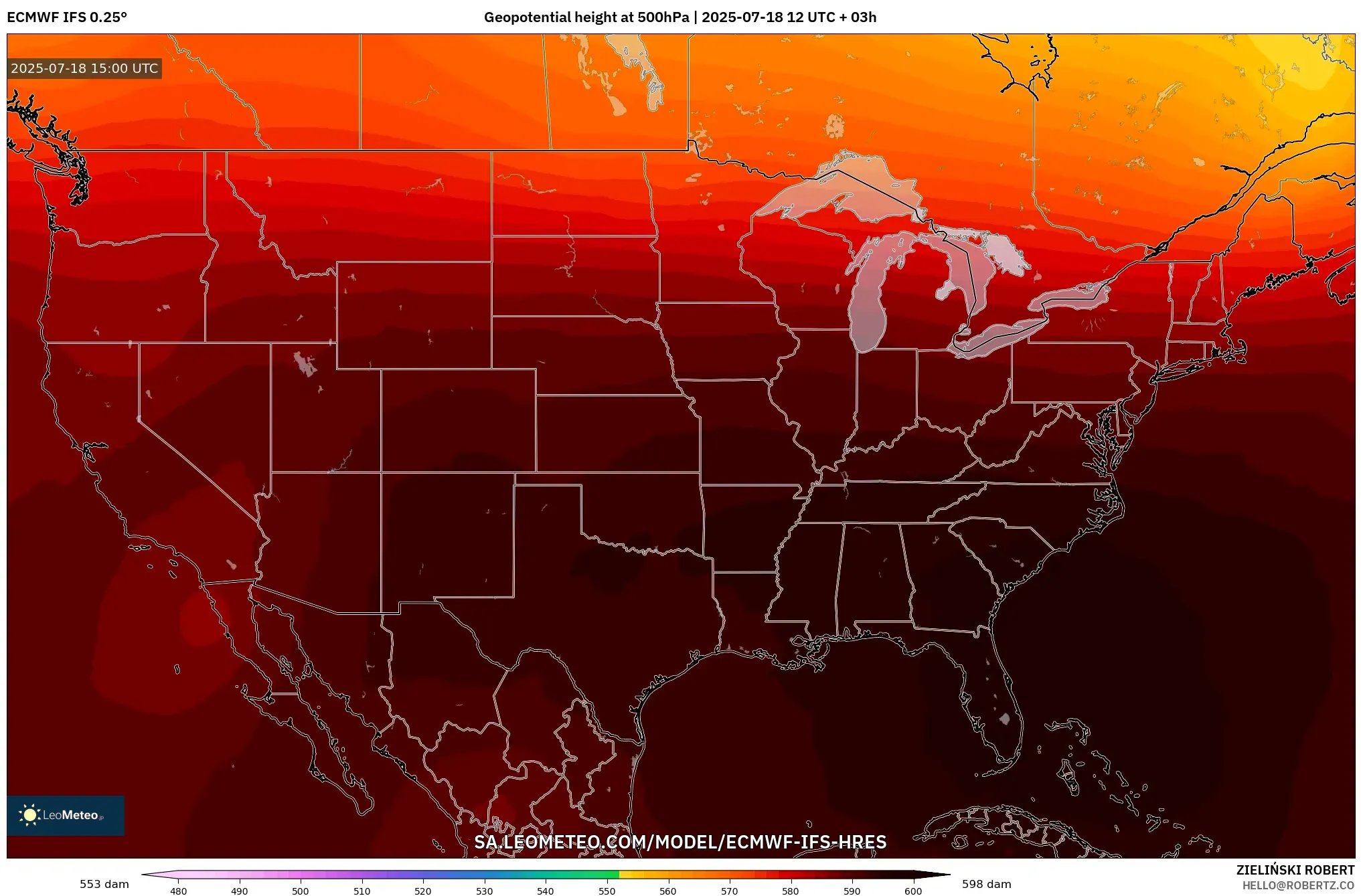 ECMWF IFS 0.25° model - United States, Geopotential height at 500hPa