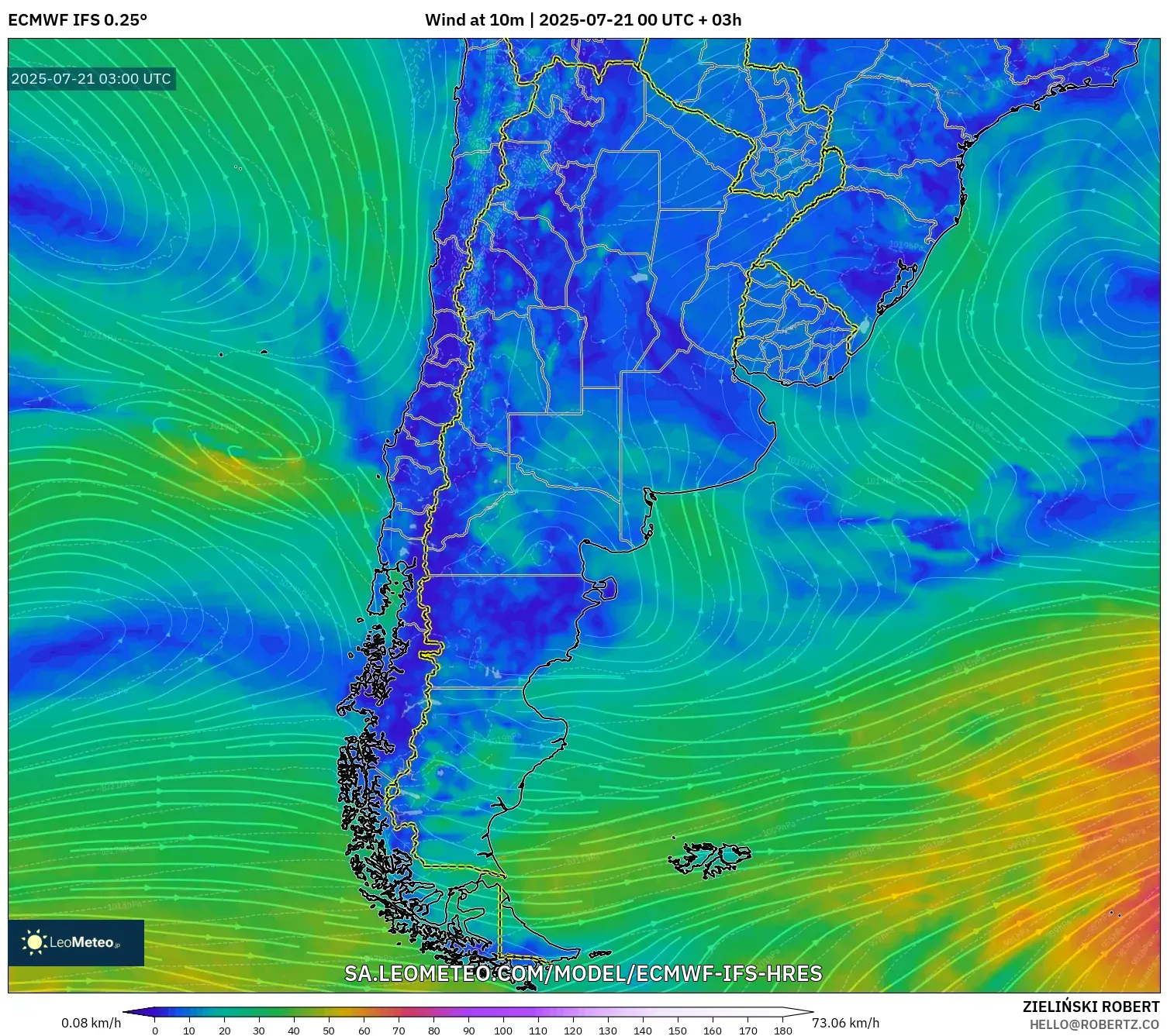 ECMWF IFS 0.25° model - Argentina, Wind at 10m ECMWF IFS 0.25° model - Argentina, Wind at 10m