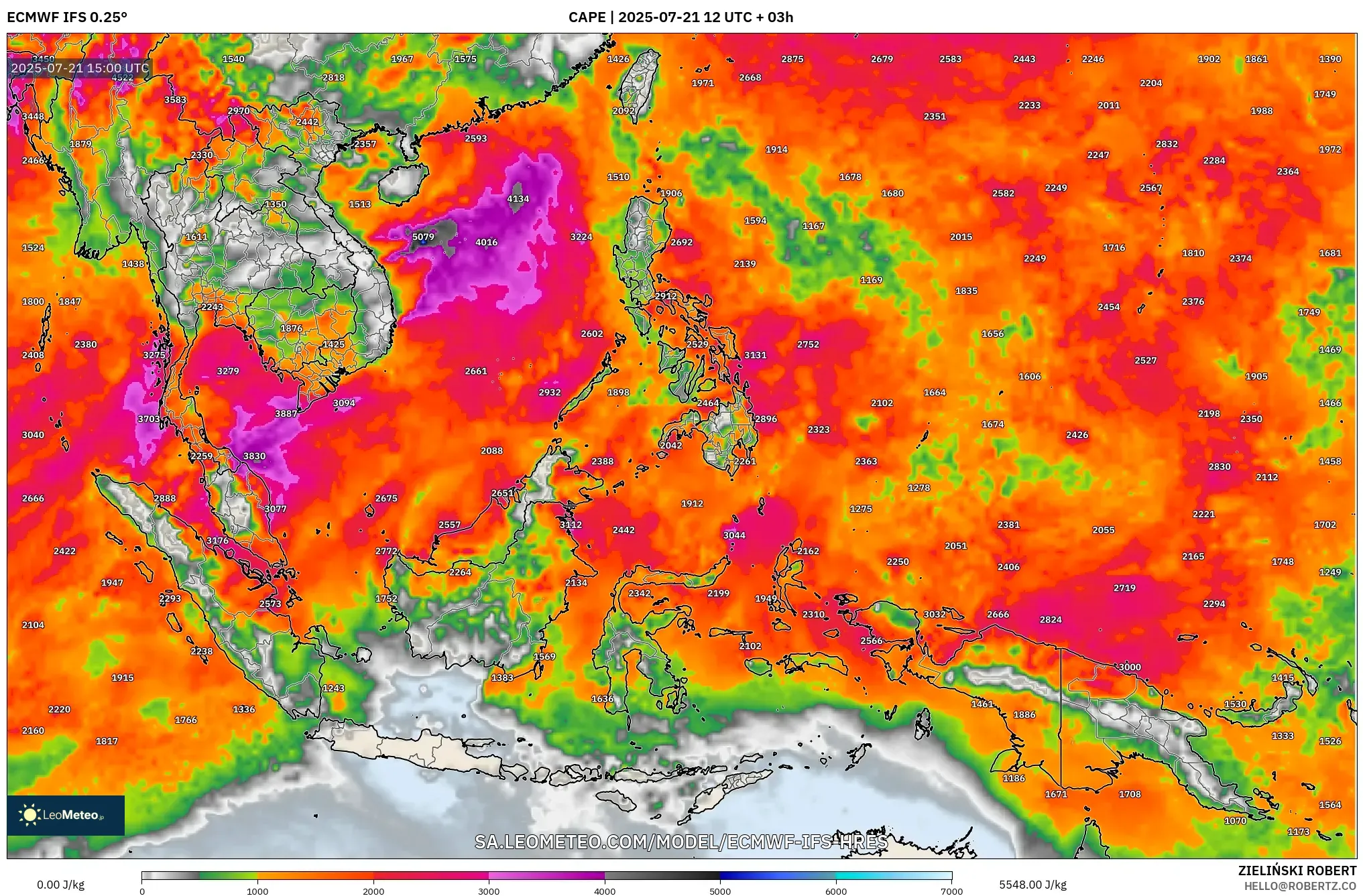 ECMWF IFS 0.25° model - South East Asia, CAPE ECMWF IFS 0.25° model - South East Asia, CAPE
