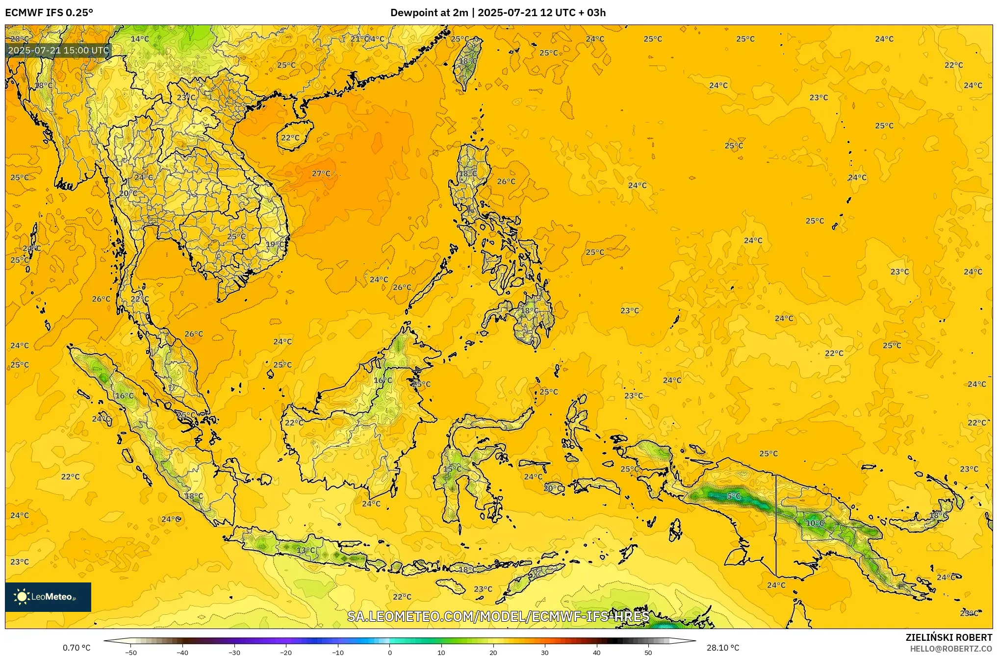 ECMWF IFS 0.25° model - South East Asia, Dewpoint at 2m ECMWF IFS 0.25° model - South East Asia, Dewpoint at 2m