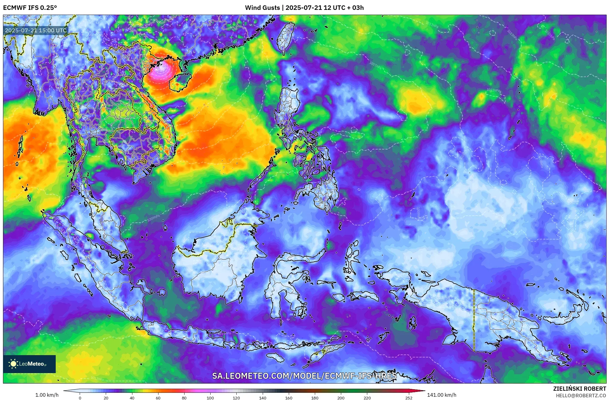 ECMWF IFS 0.25° model - South East Asia, Wind Gusts ECMWF IFS 0.25° model - South East Asia, Wind Gusts