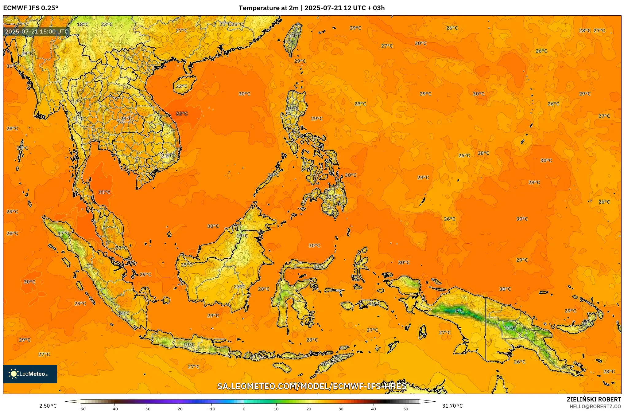 ECMWF IFS 0.25° model - South East Asia, Temperature at 2m ECMWF IFS 0.25° model - South East Asia, Temperature at 2m