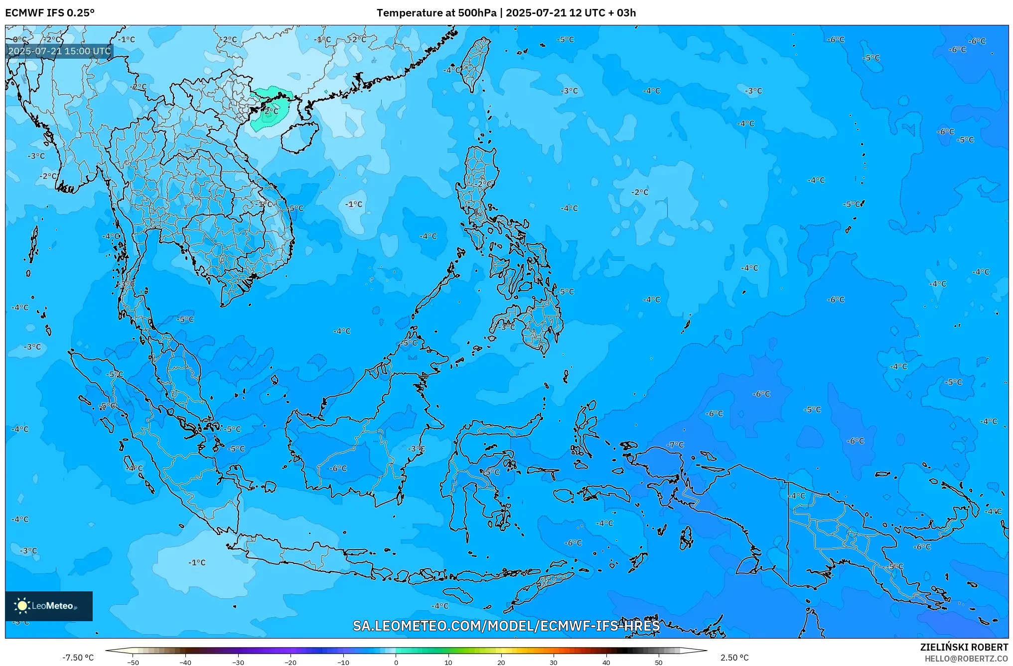 ECMWF IFS 0.25° model - South East Asia, Temperature at 500hPa ECMWF IFS 0.25° model - South East Asia, Temperature at 500hPa
