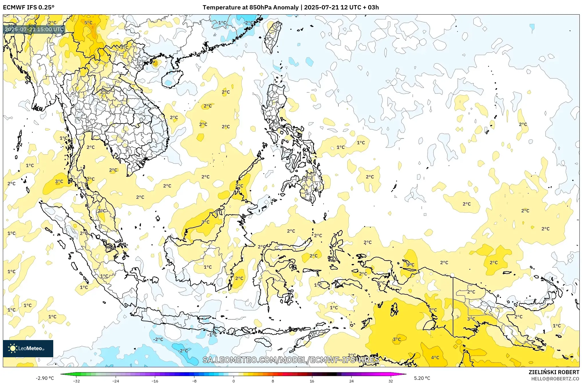 ECMWF IFS 0.25° model - South East Asia, Temperature at 850hPa Anomaly ECMWF IFS 0.25° model - South East Asia, Temperature at 850hPa Anomaly