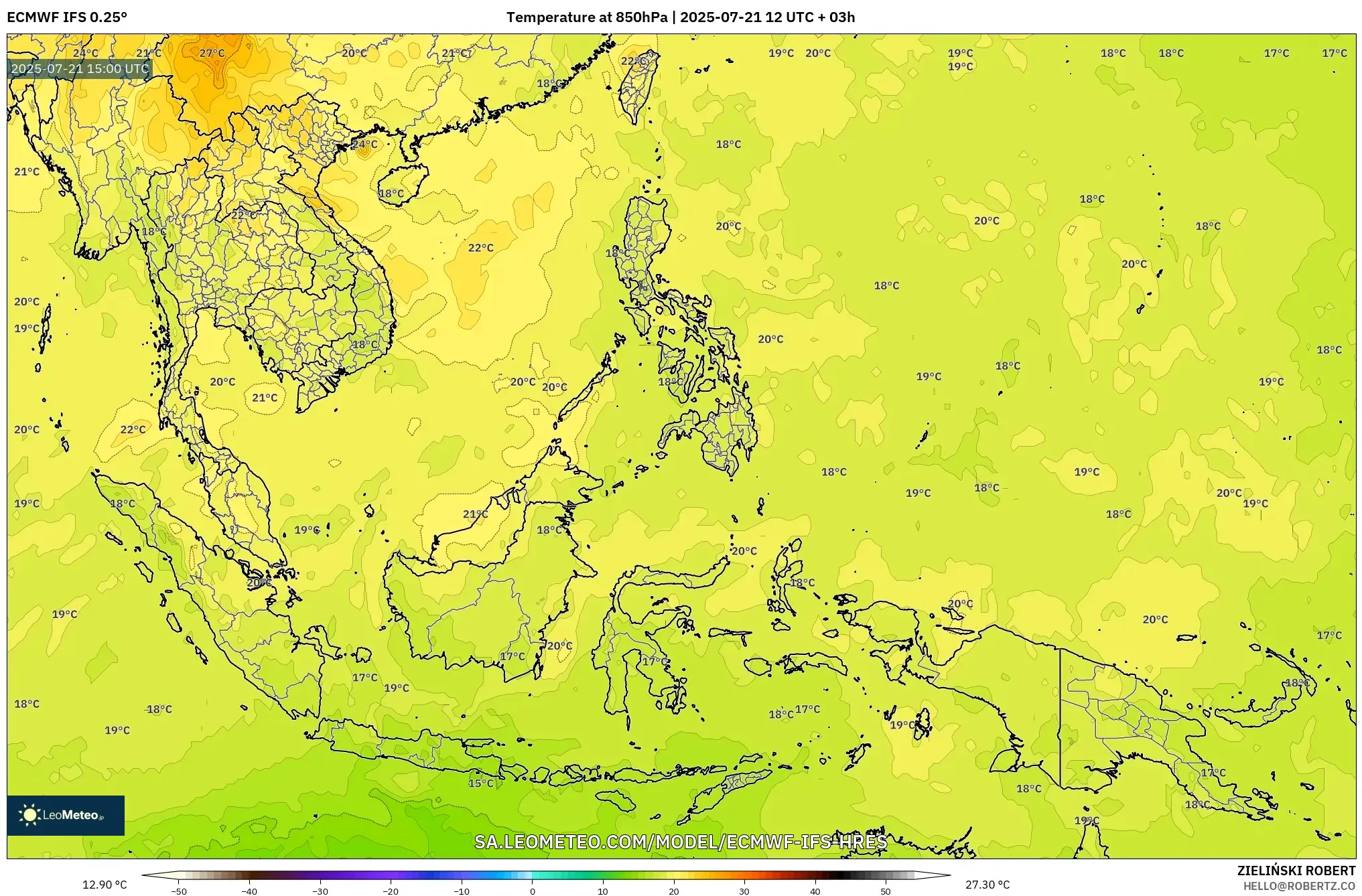 ECMWF IFS 0.25° model - South East Asia, Temperature at 850hPa ECMWF IFS 0.25° model - South East Asia, Temperature at 850hPa