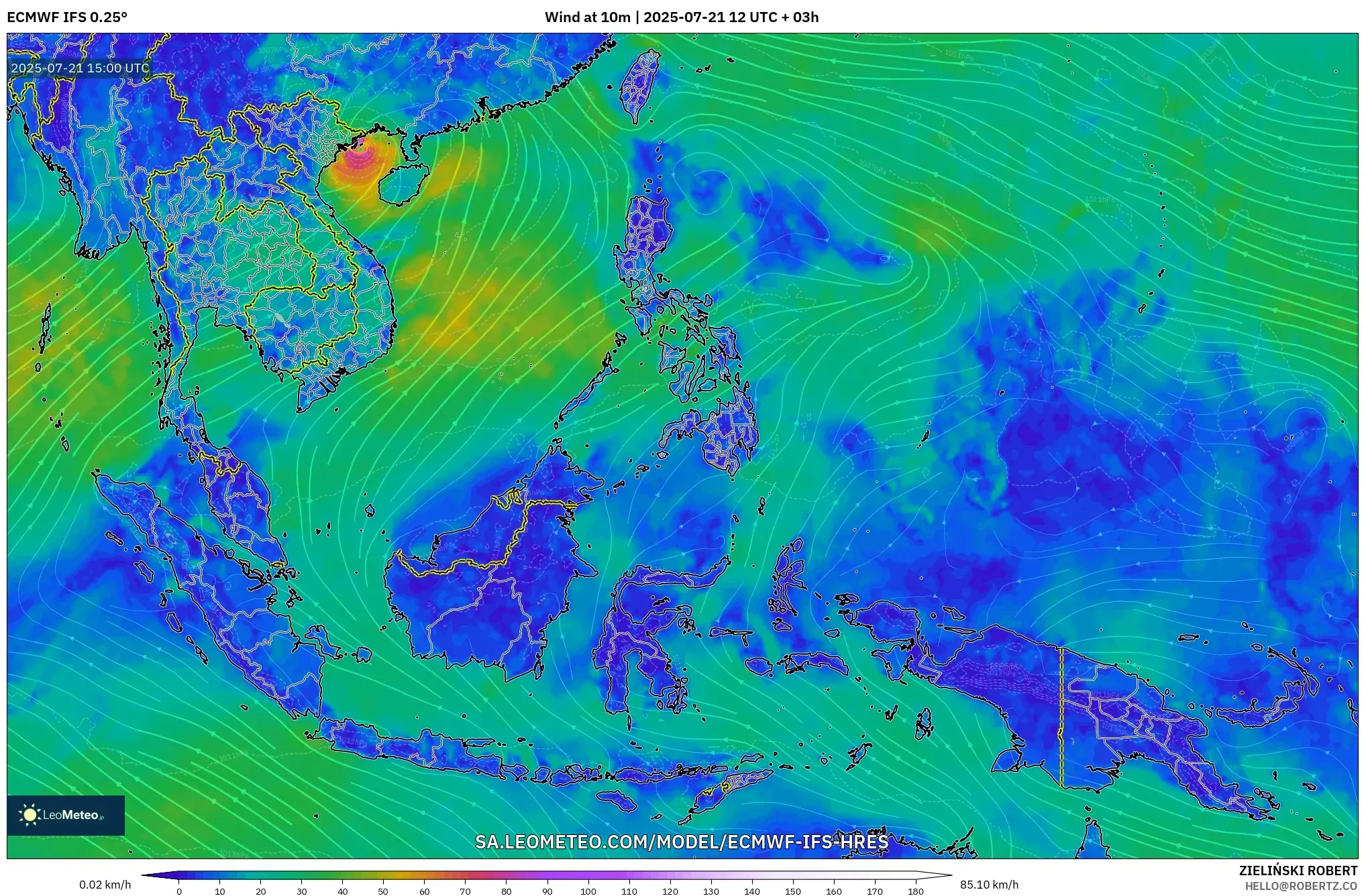 ECMWF IFS 0.25° model - South East Asia, Wind at 10m ECMWF IFS 0.25° model - South East Asia, Wind at 10m