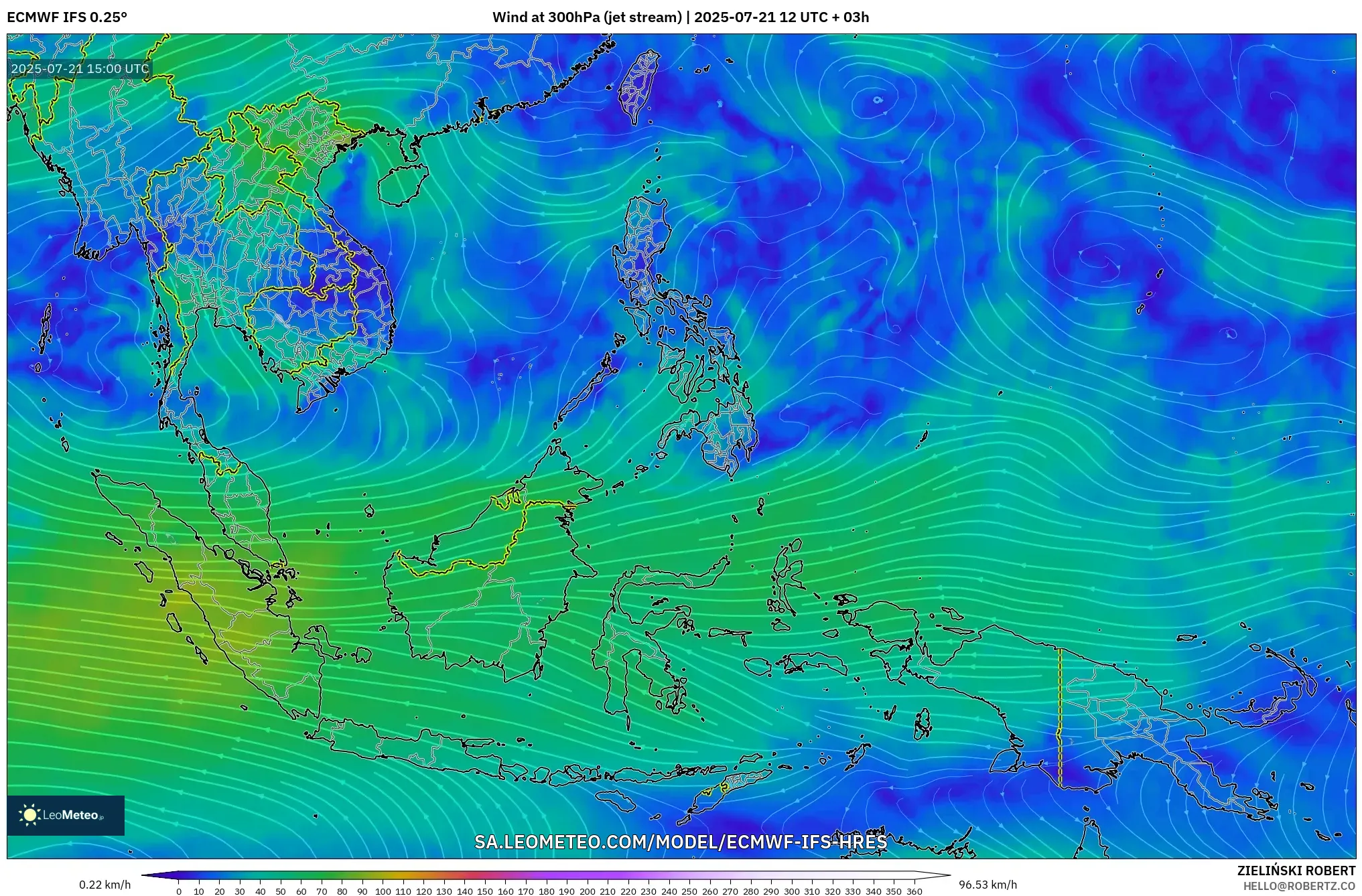 ECMWF IFS 0.25° model - South East Asia, Wind at 300hPa (jet stream) ECMWF IFS 0.25° model - South East Asia, Wind at 300hPa (jet stream)