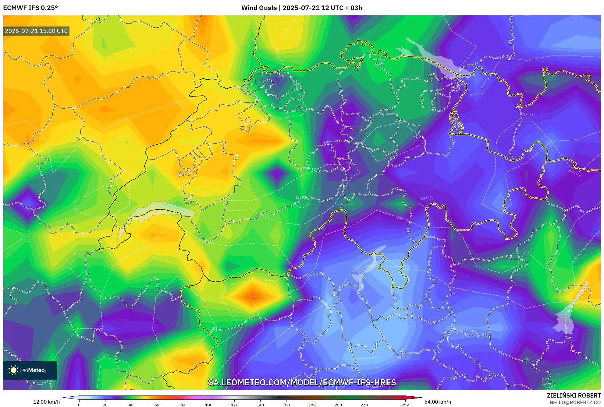 ECMWF IFS 0.25° model - Switzerland, Wind Gusts ECMWF IFS 0.25° model - Switzerland, Wind Gusts