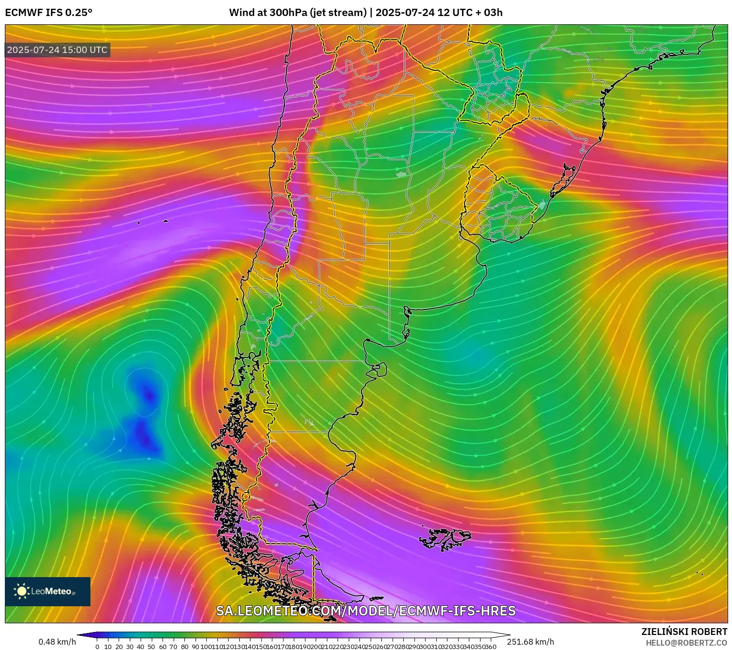ECMWF IFS 0.25° model - Argentina, Wind at 300hPa (jet stream) ECMWF IFS 0.25° model - Argentina, Wind at 300hPa (jet stream)
