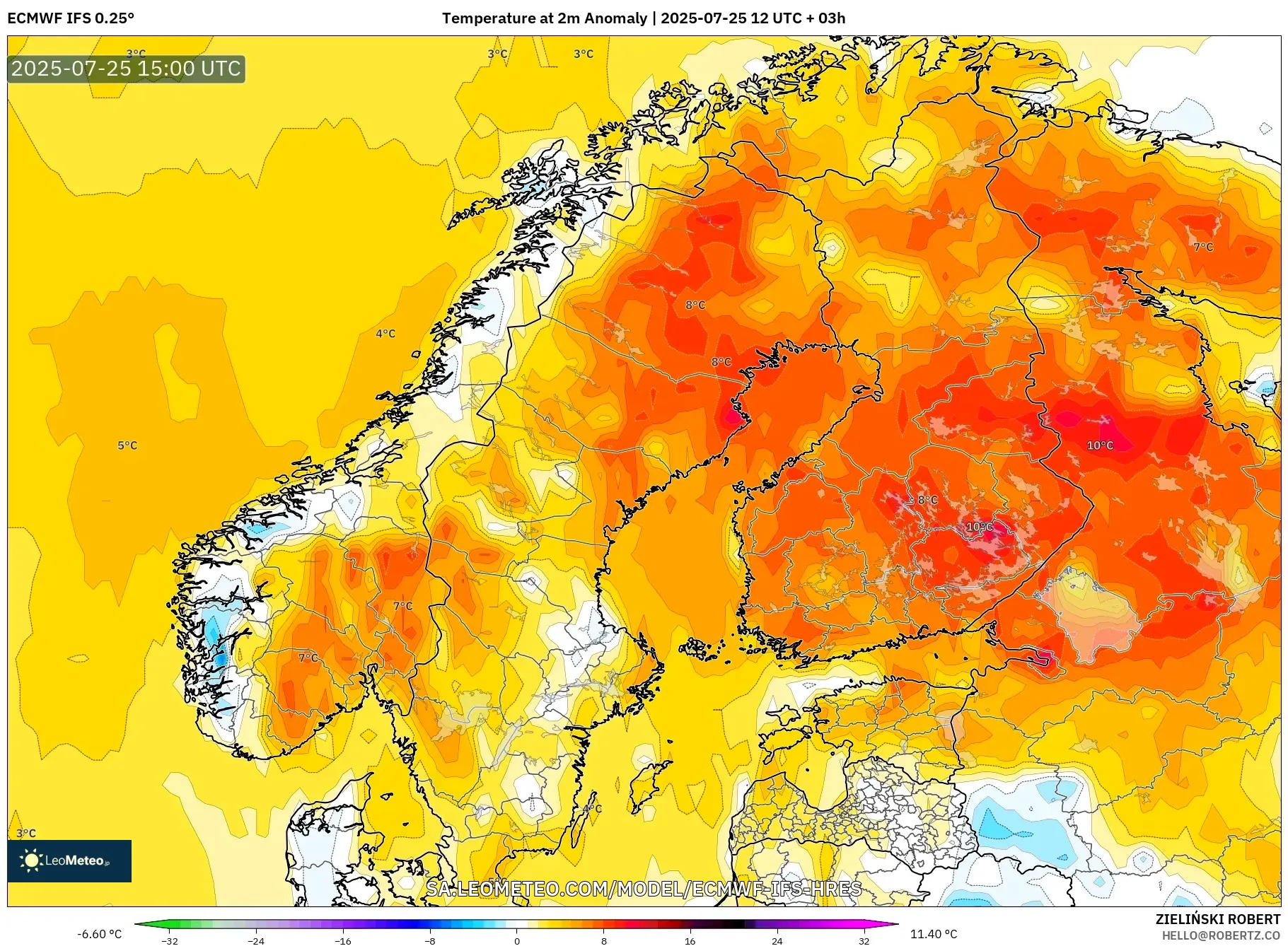 ECMWF IFS 0.25° model - Scandinavia, Temperature at 2m Anomaly ECMWF IFS 0.25° model - Scandinavia, Temperature at 2m Anomaly
