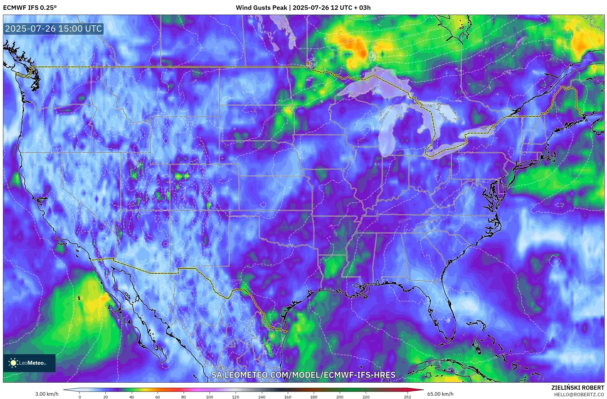 ECMWF IFS 0.25° model - United States, Wind Gusts Peak ECMWF IFS 0.25° model - United States, Wind Gusts Peak