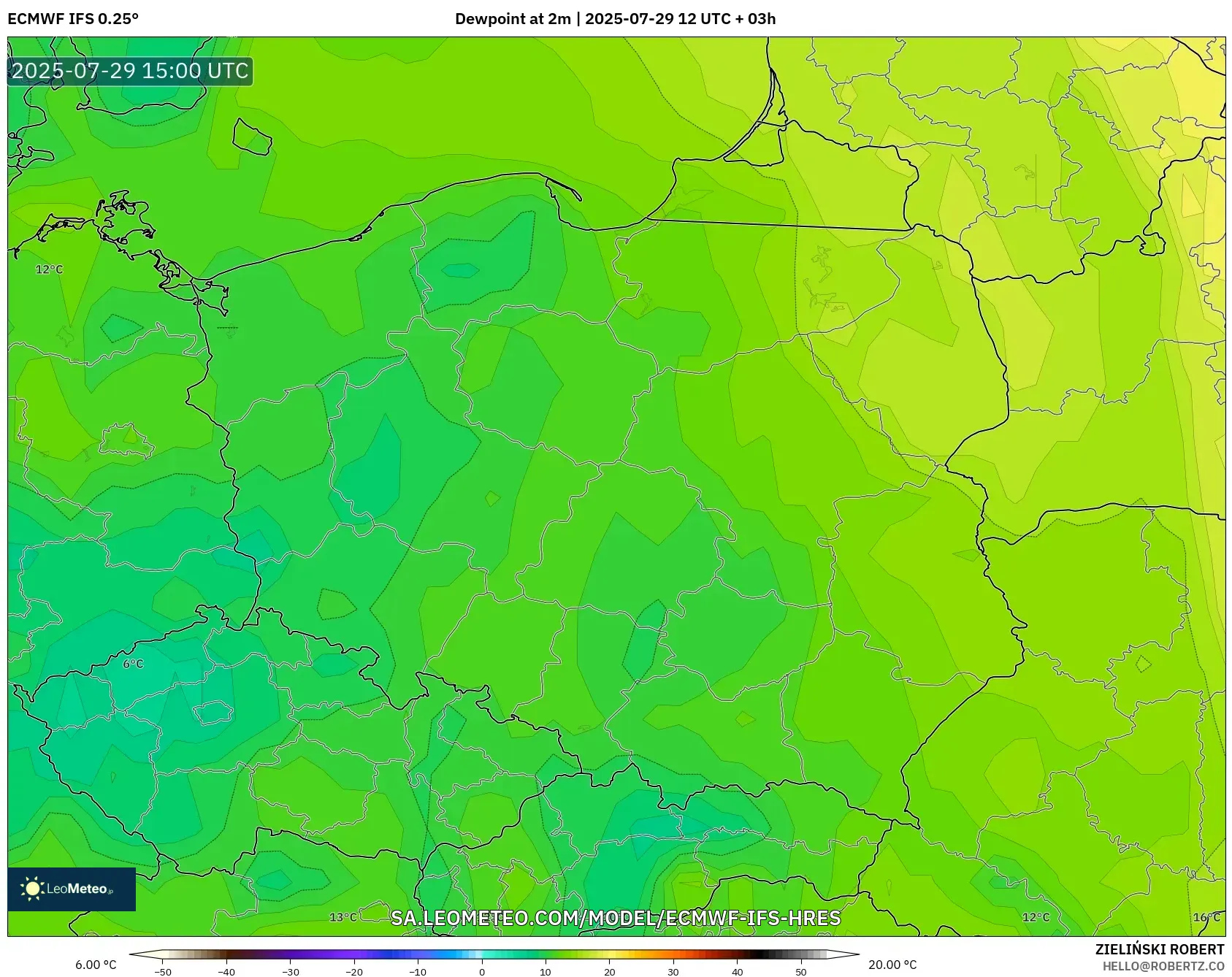 ECMWF IFS 0.25° model - Poland, Dewpoint at 2m ECMWF IFS 0.25° model - Poland, Dewpoint at 2m