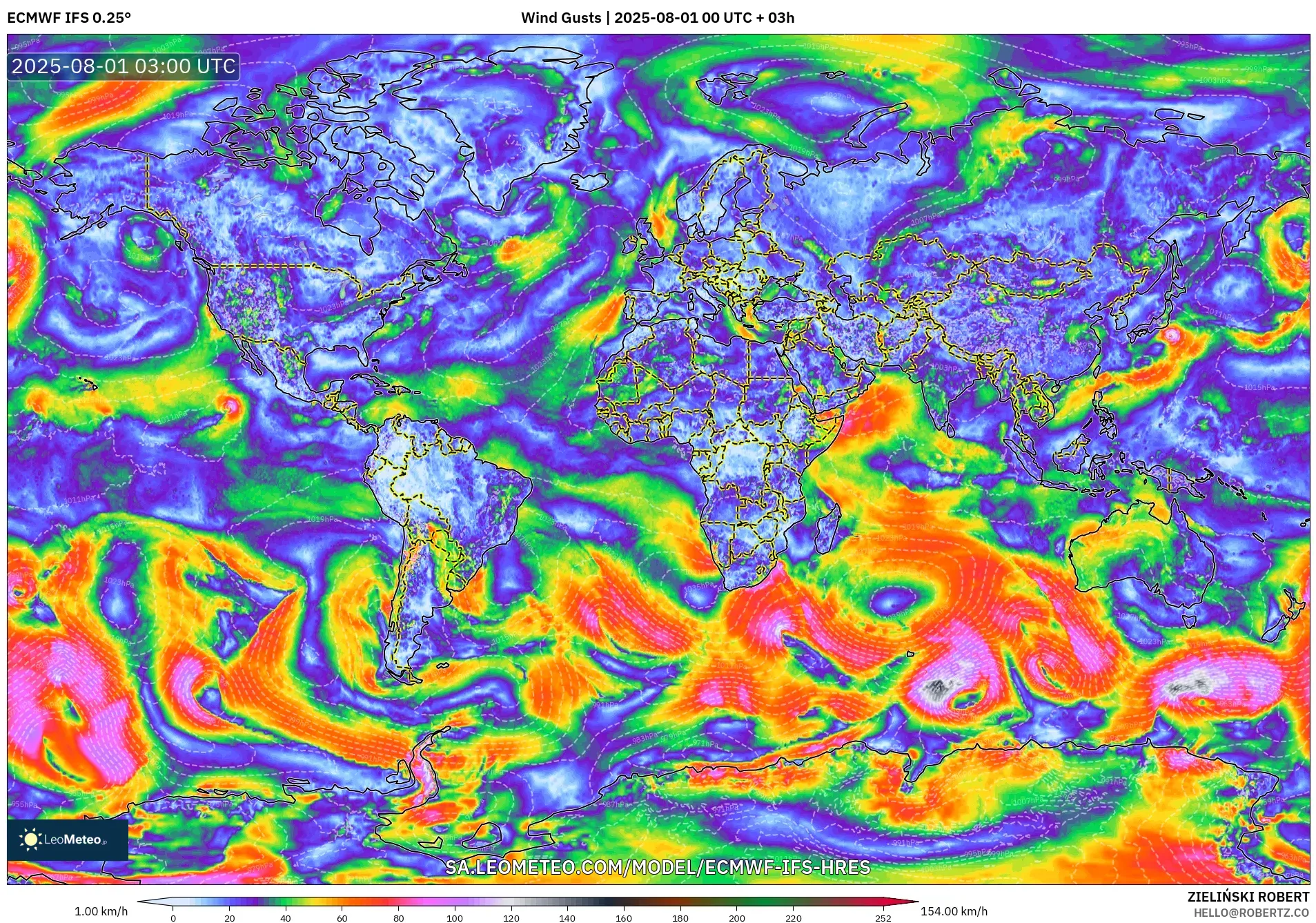 ECMWF IFS 0.25° model - World, Wind Gusts