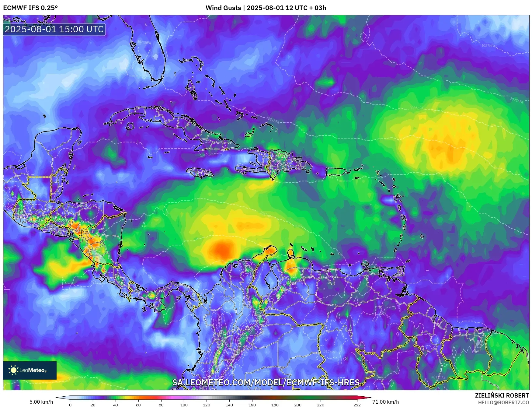 ECMWF IFS 0.25° model - Caribbean, Wind Gusts ECMWF IFS 0.25° model - Caribbean, Wind Gusts