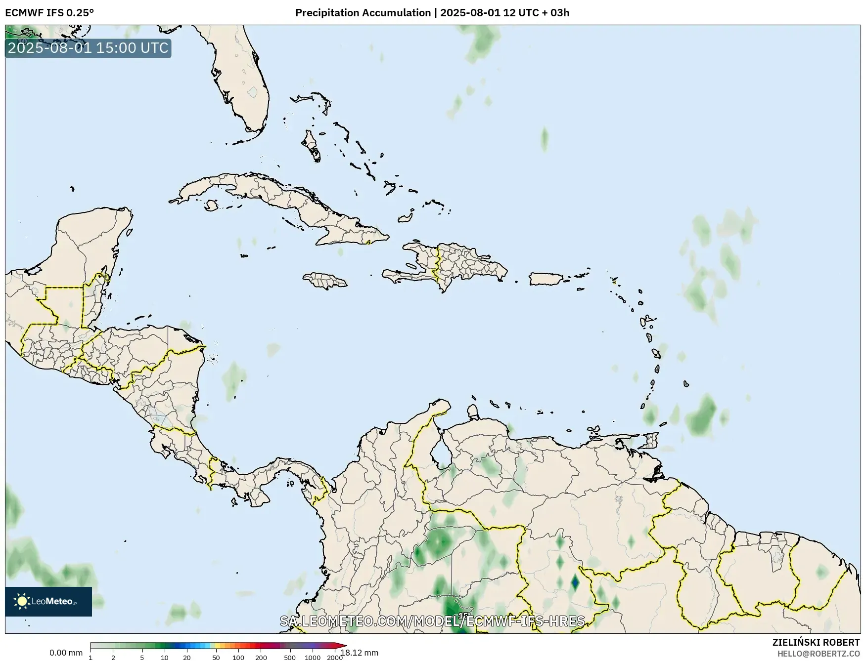 ECMWF IFS 0.25° model - Caribbean, Precipitation Accumulation