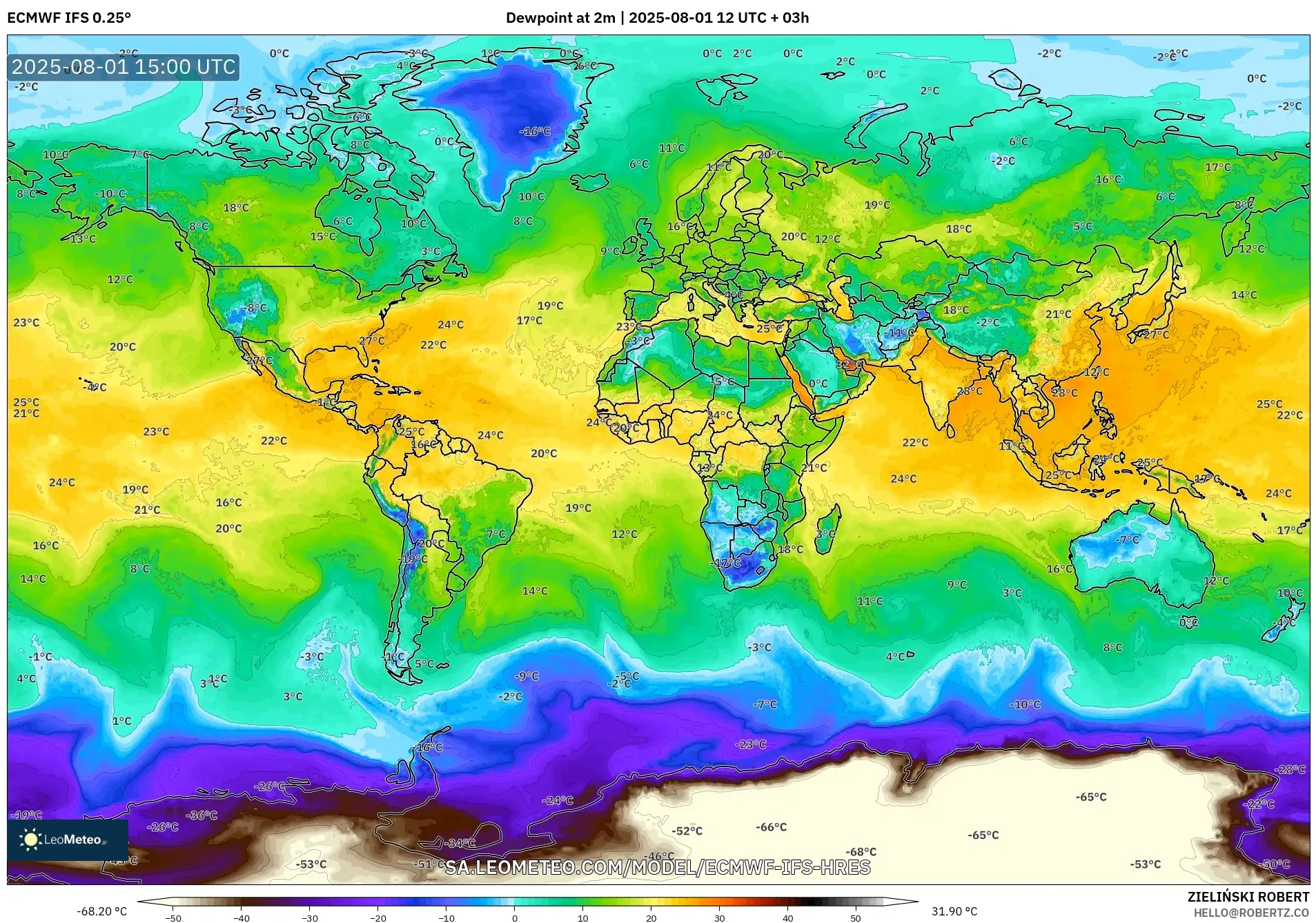 ECMWF IFS 0.25° model - World, Dewpoint at 2m ECMWF IFS 0.25° model - World, Dewpoint at 2m